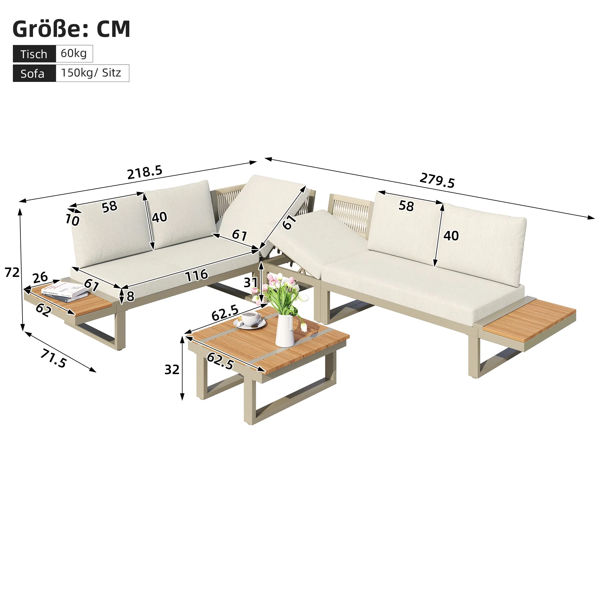 Garden Furniture Set with 2 Convertible Reclining Beds and Coffee Table, Beige - Image 5