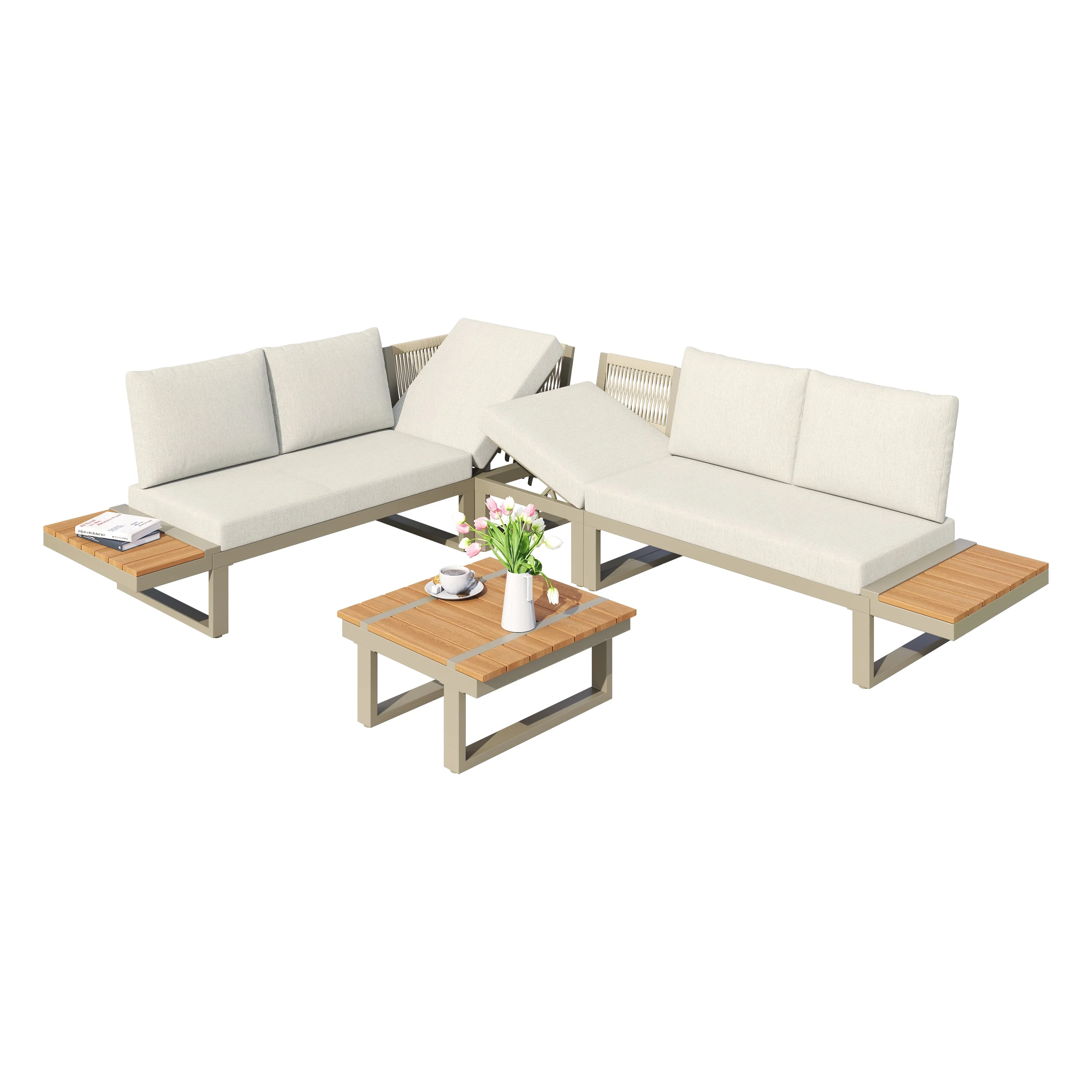 Garden Furniture Set with 2 Convertible Reclining Beds and Coffee Table, Beige - Image 9