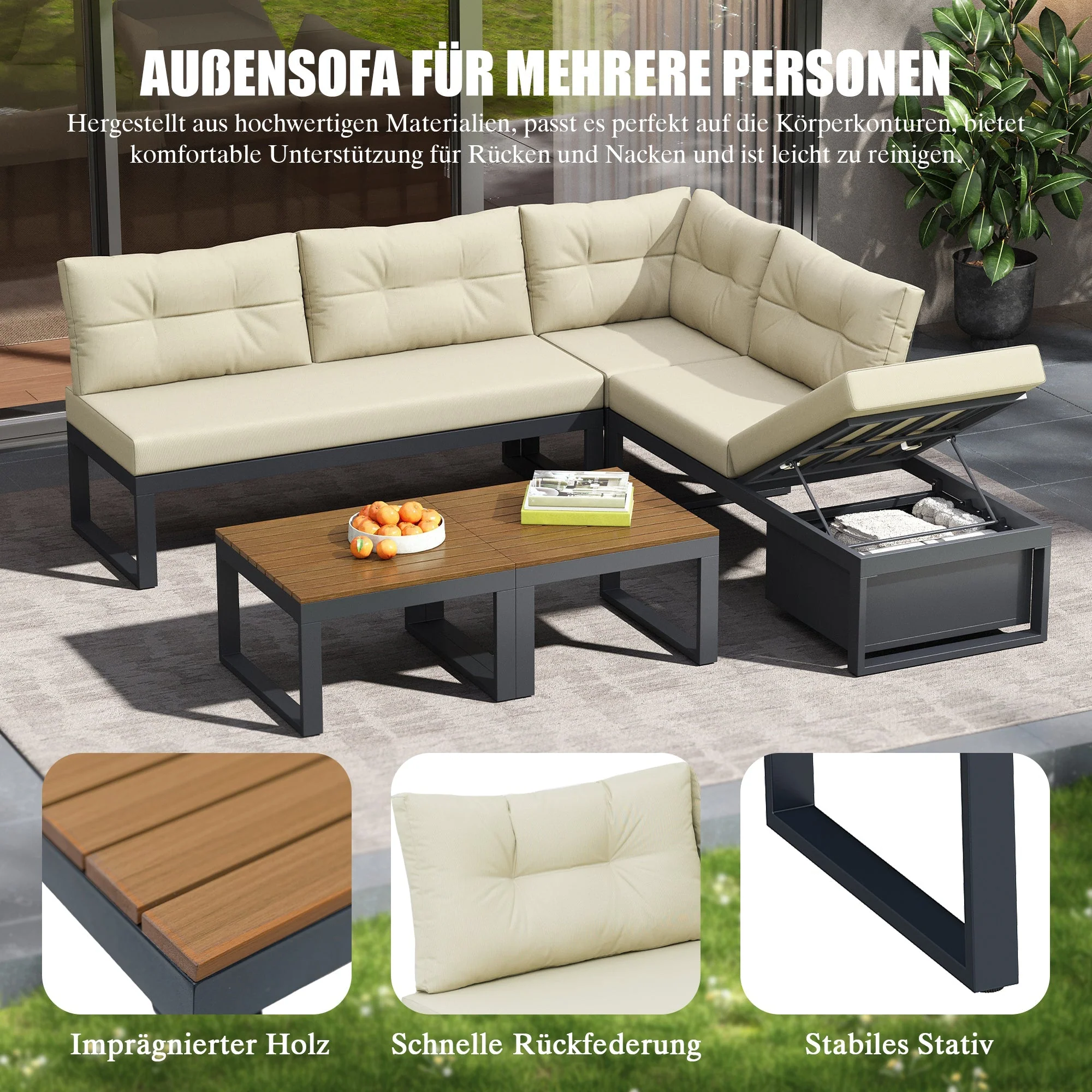 Garden Furniture Set with 3-Position Adjustable Reclining Backrest, Comfort Cushions and Storage, Beige - Image 5