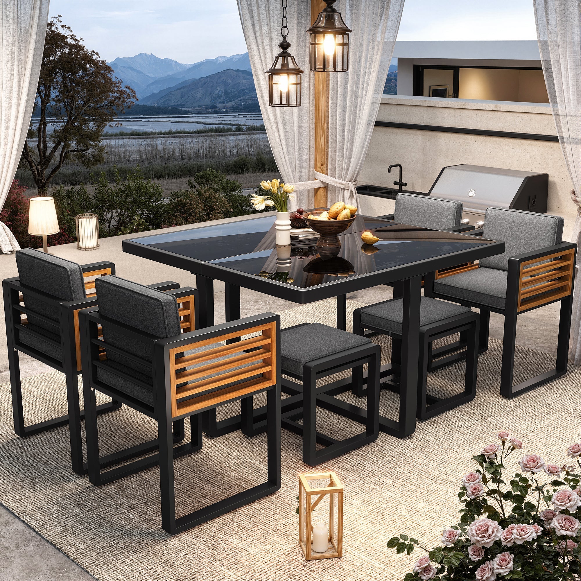 Garden Furniture Set with 6 Chairs and Table, Glass Tabletop - Image 5