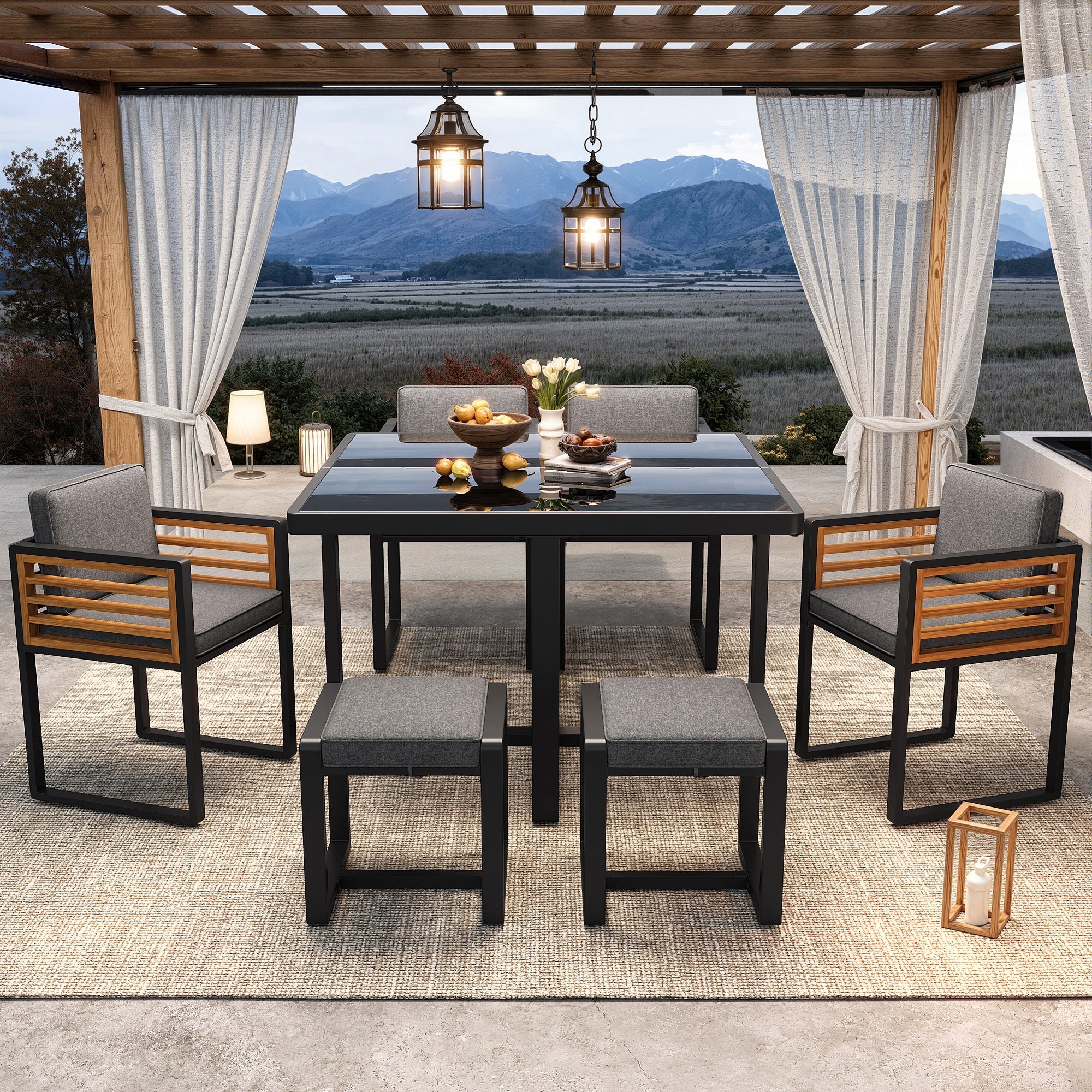 Garden Furniture Set with 6 Chairs and Table, Glass Tabletop - Image 6