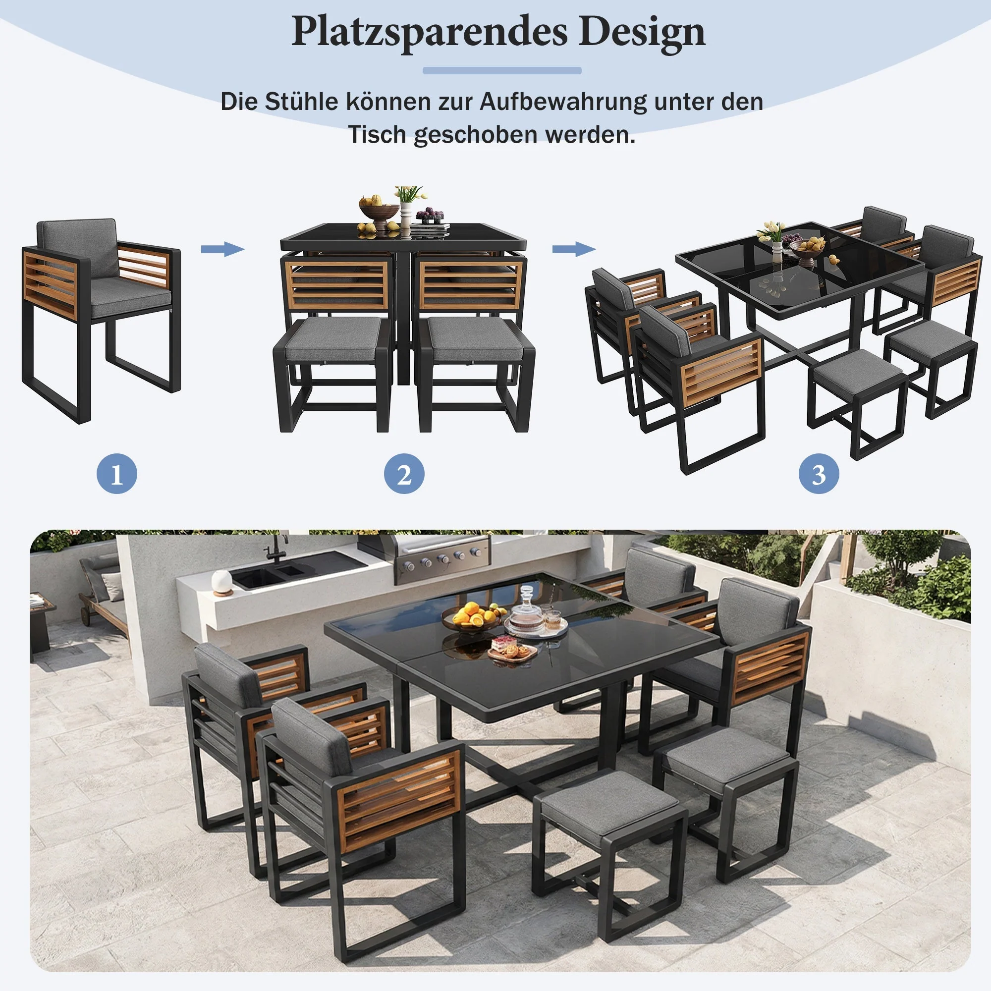 Garden Furniture Set with 6 Chairs and Table, Glass Tabletop - Image 9