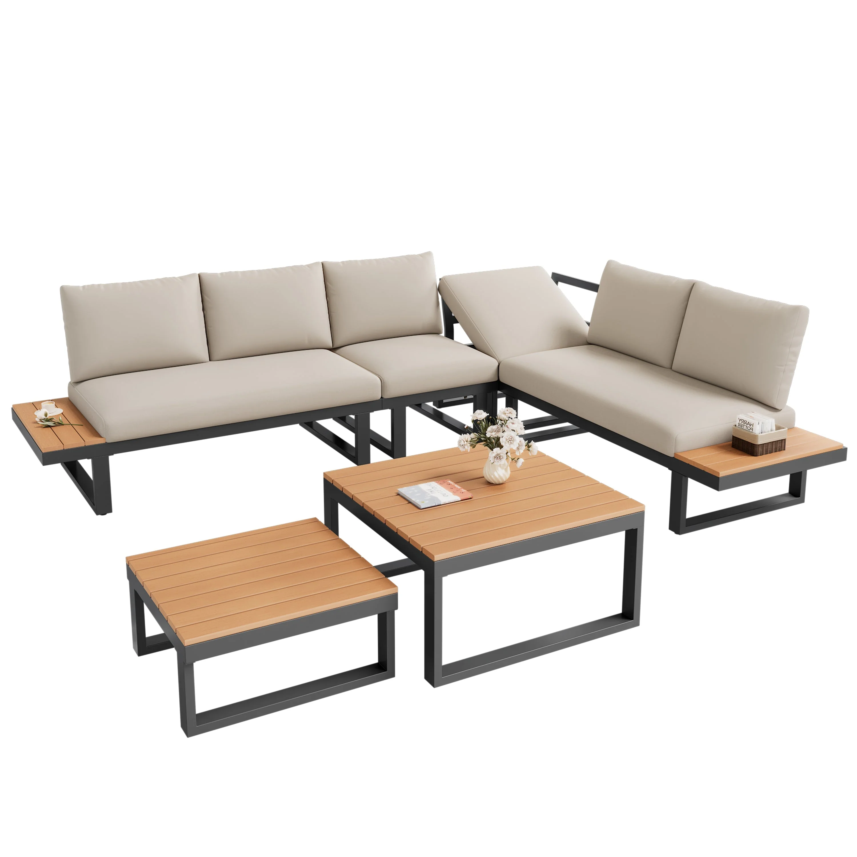 Garden Furniture Set with Adjustable Tilt Function and Two Coffee Tables, Beige and Black - Image 9