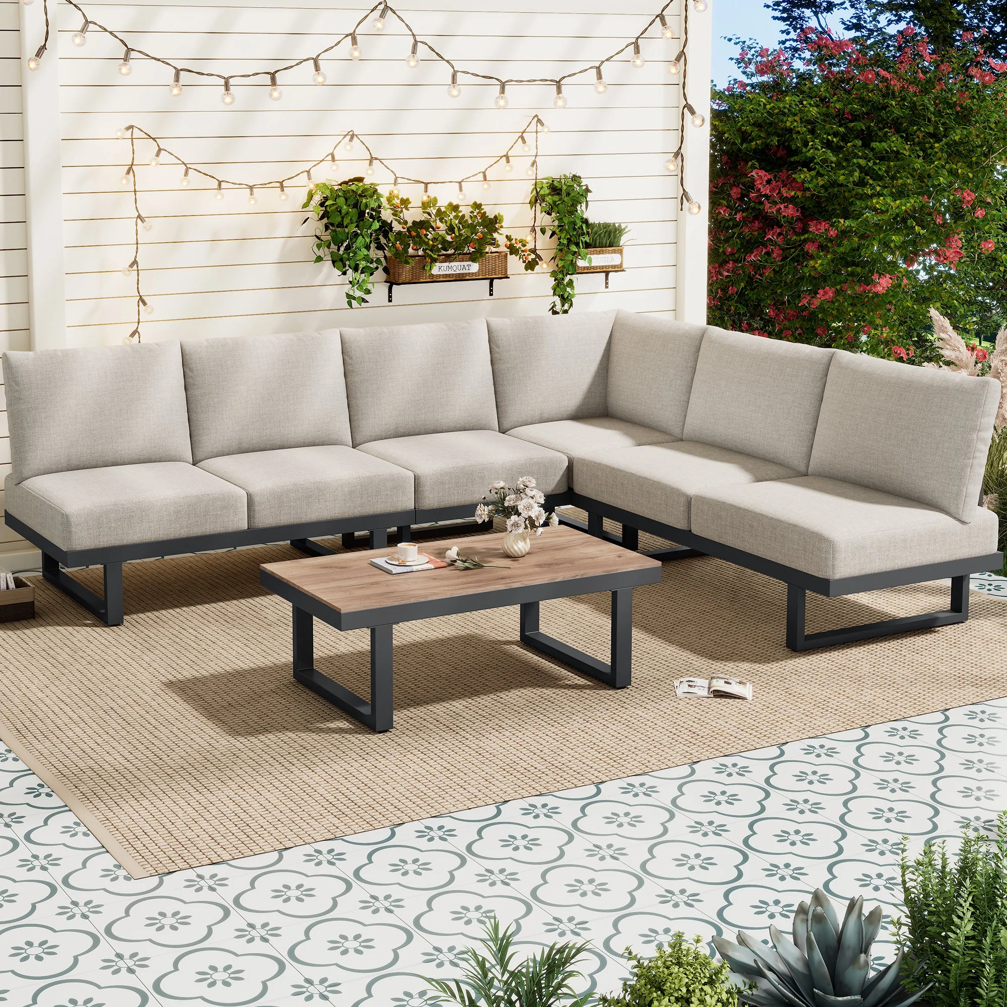 Garden Furniture Set with Convertible Daybed and Coffee Table, Galvanized Steel, Grey
