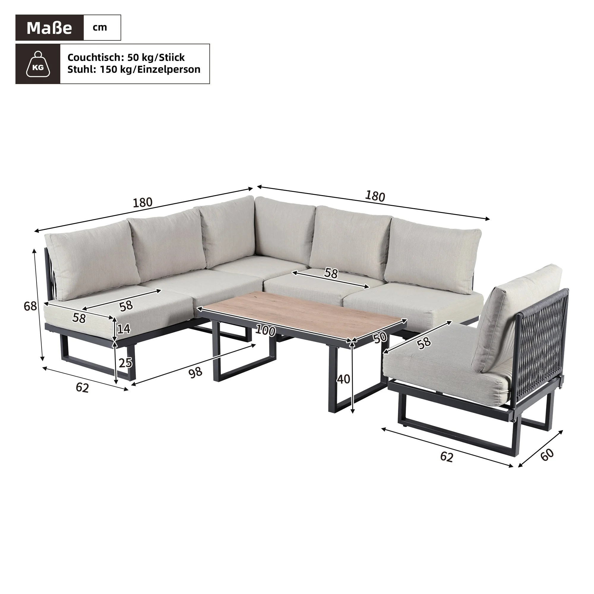 Garden Furniture Set with Convertible Daybed and Coffee Table, Galvanized Steel, Grey - Image 4