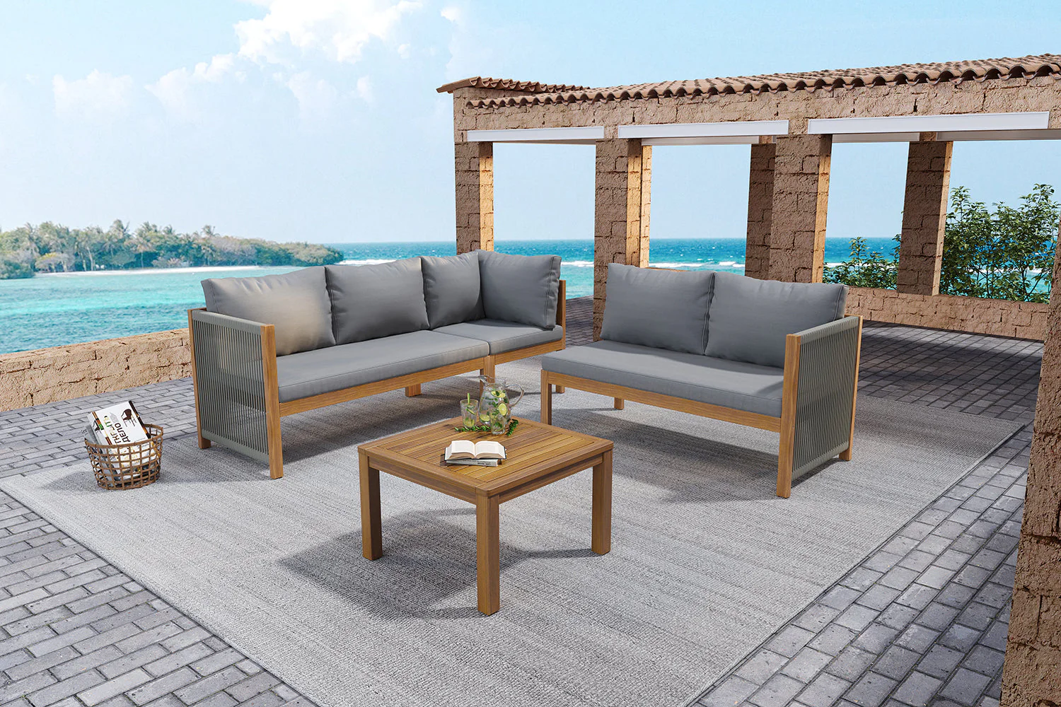 Garden Furniture Set with Corner Sofa and Acacia Wood Coffee Table, Grey - Image 9