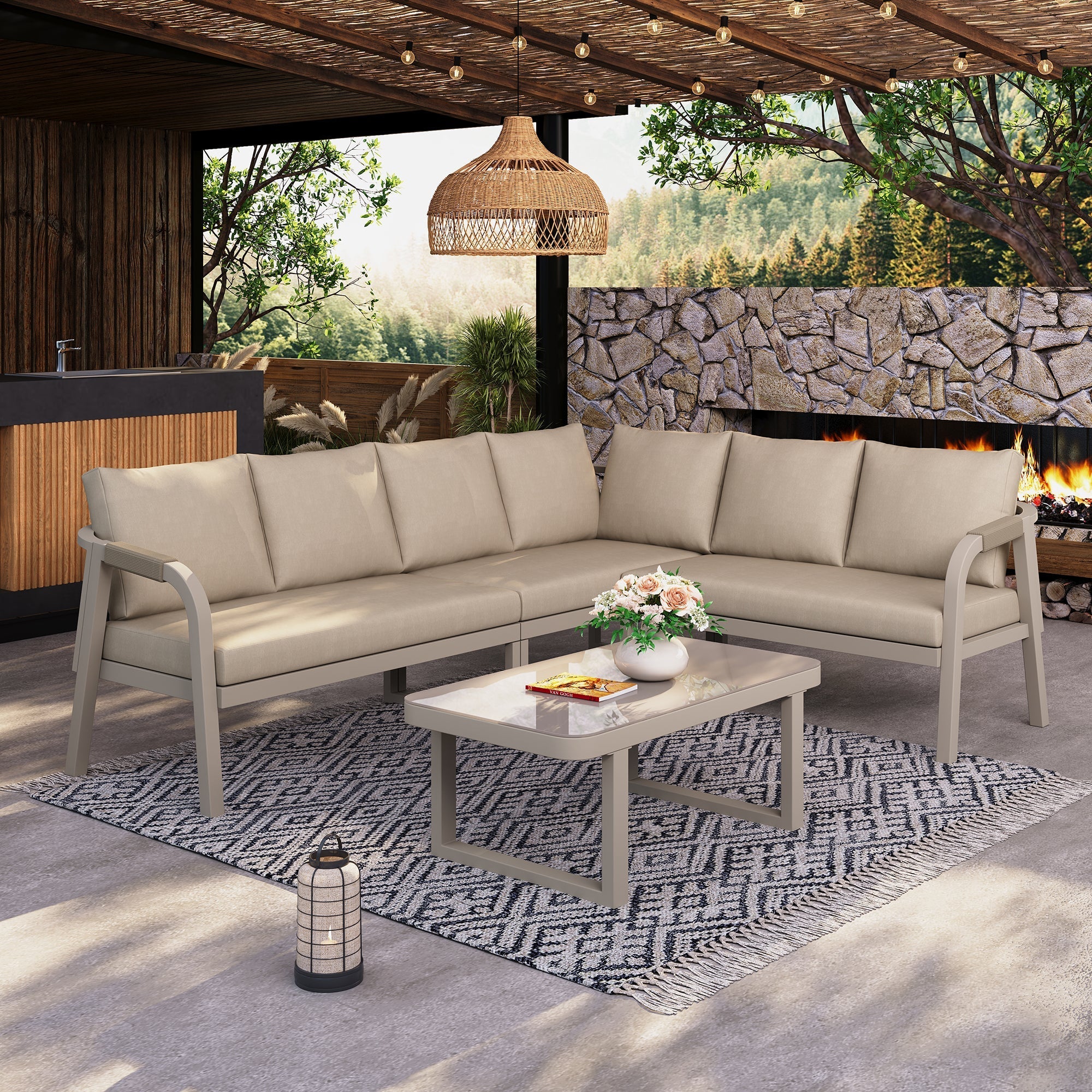Garden Furniture Set with Corner Sofa and Coffee Table, Seats 6, Woven Beige Steel Tubes - Image 4