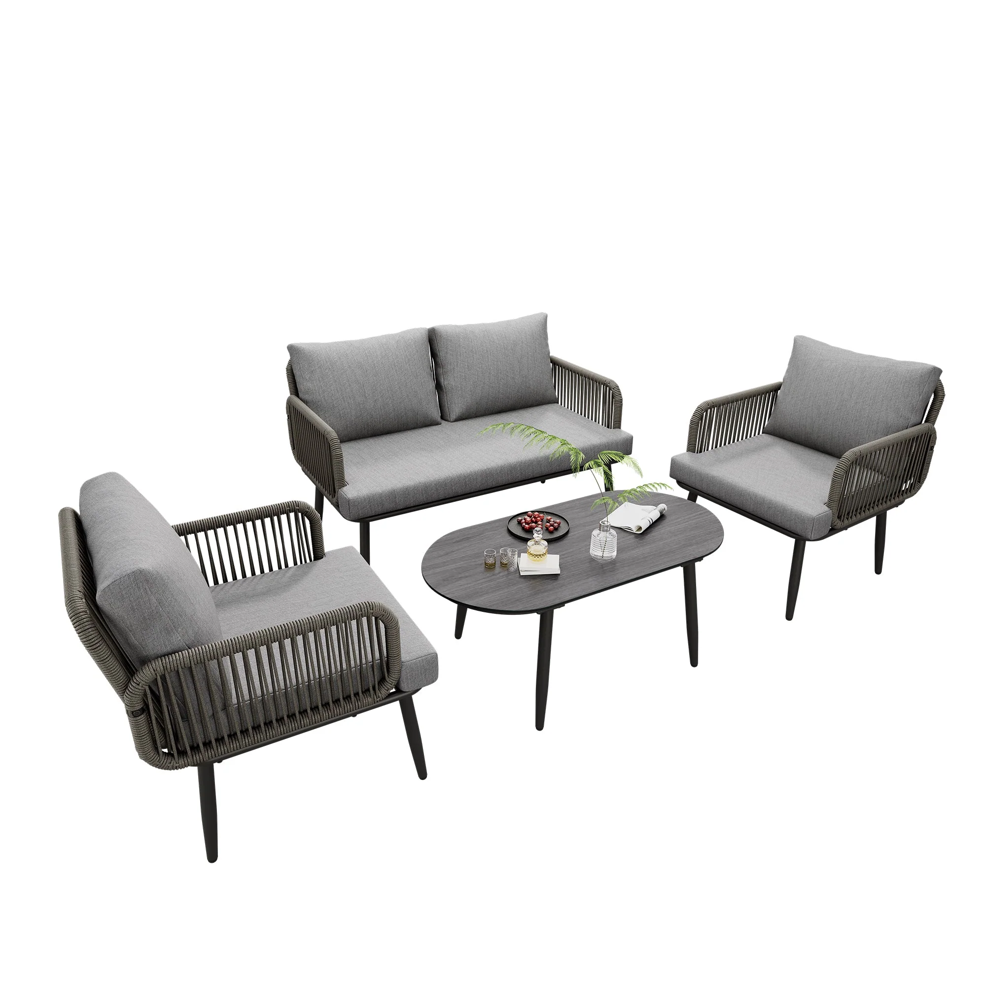 Garden Furniture Set with Sofa, Armchairs, and Coffee Table, Grey Steel and Rope - Image 8