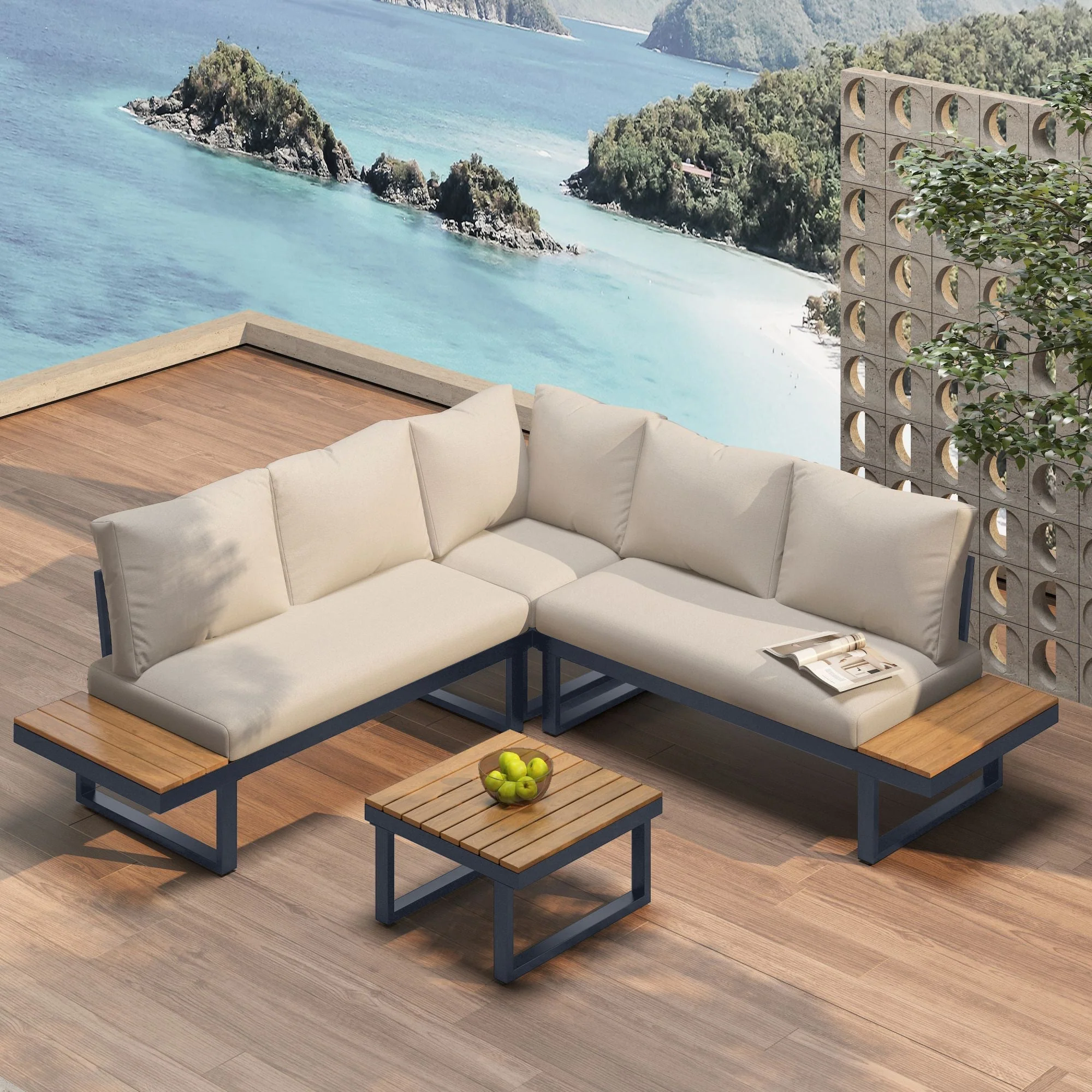 Garden Leisure Set Corner Adjustable Reclining with Coffee Table - Beige/Grey