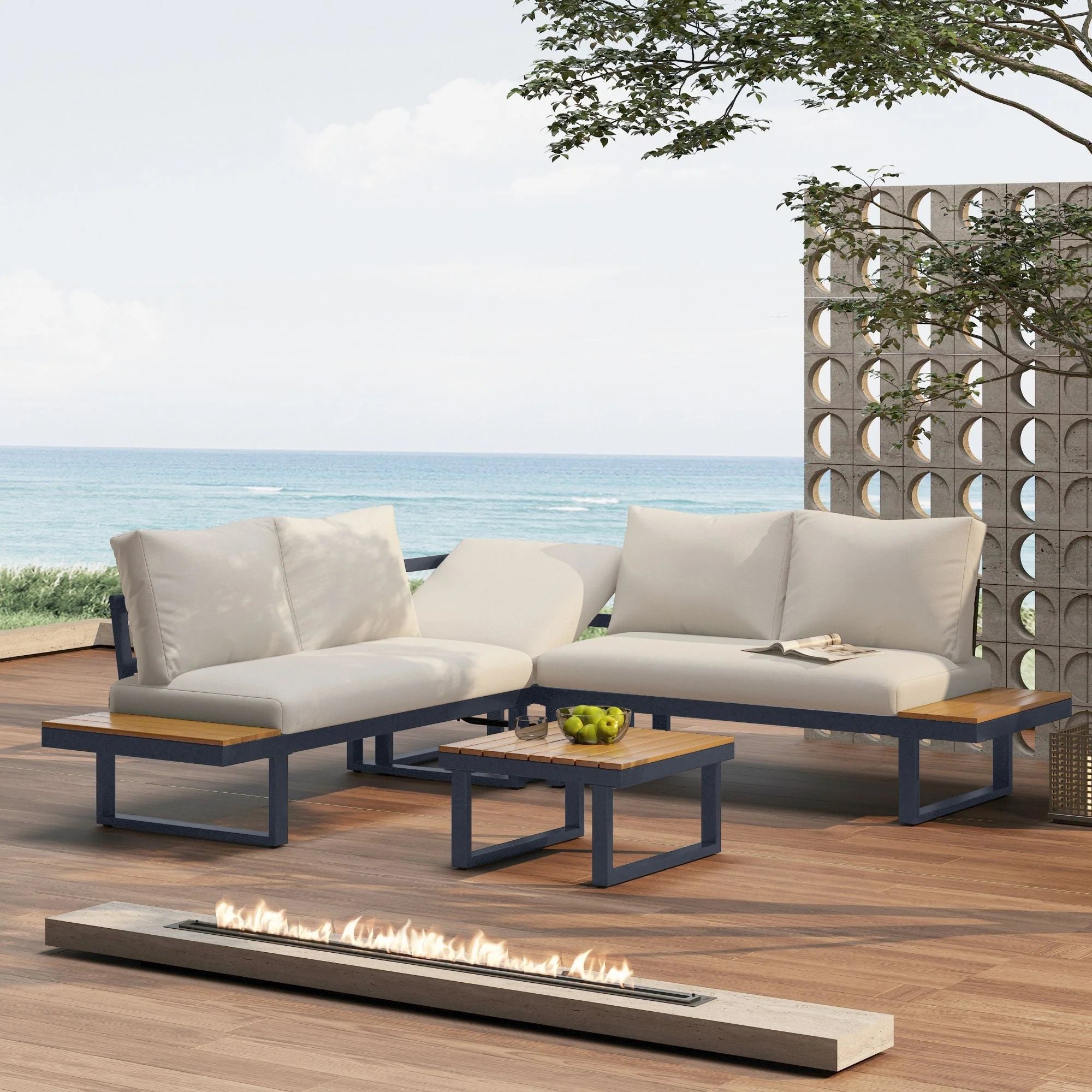 Garden Leisure Set Corner Adjustable Reclining with Coffee Table - Beige/Grey - Image 2