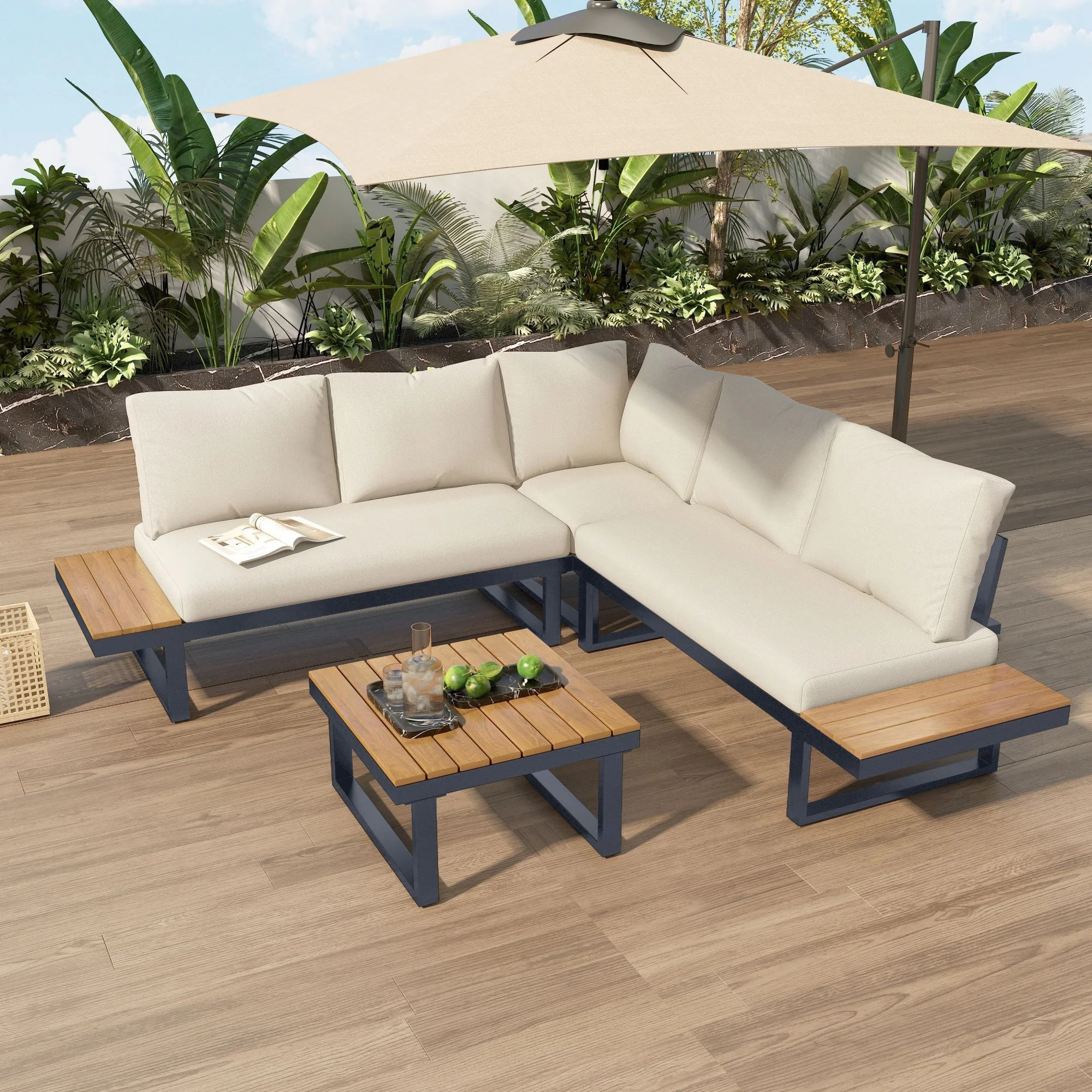 Garden Leisure Set Corner Adjustable Reclining with Coffee Table - Beige/Grey - Image 3