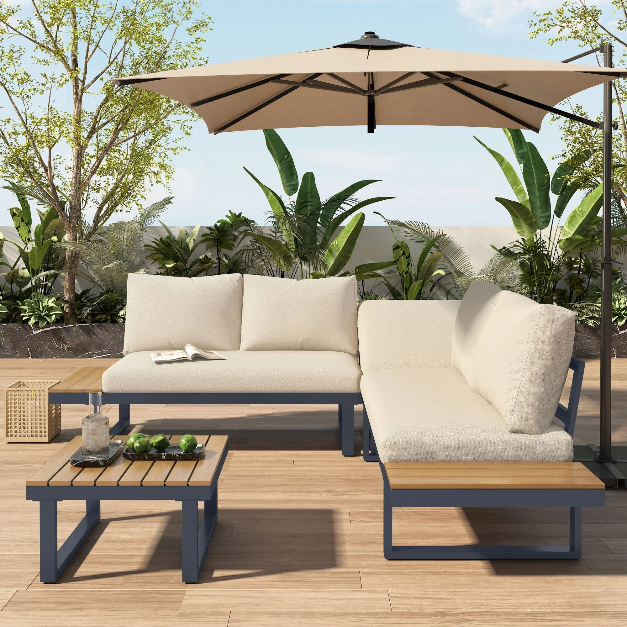 Garden Leisure Set Corner Adjustable Reclining with Coffee Table - Beige/Grey - Image 4