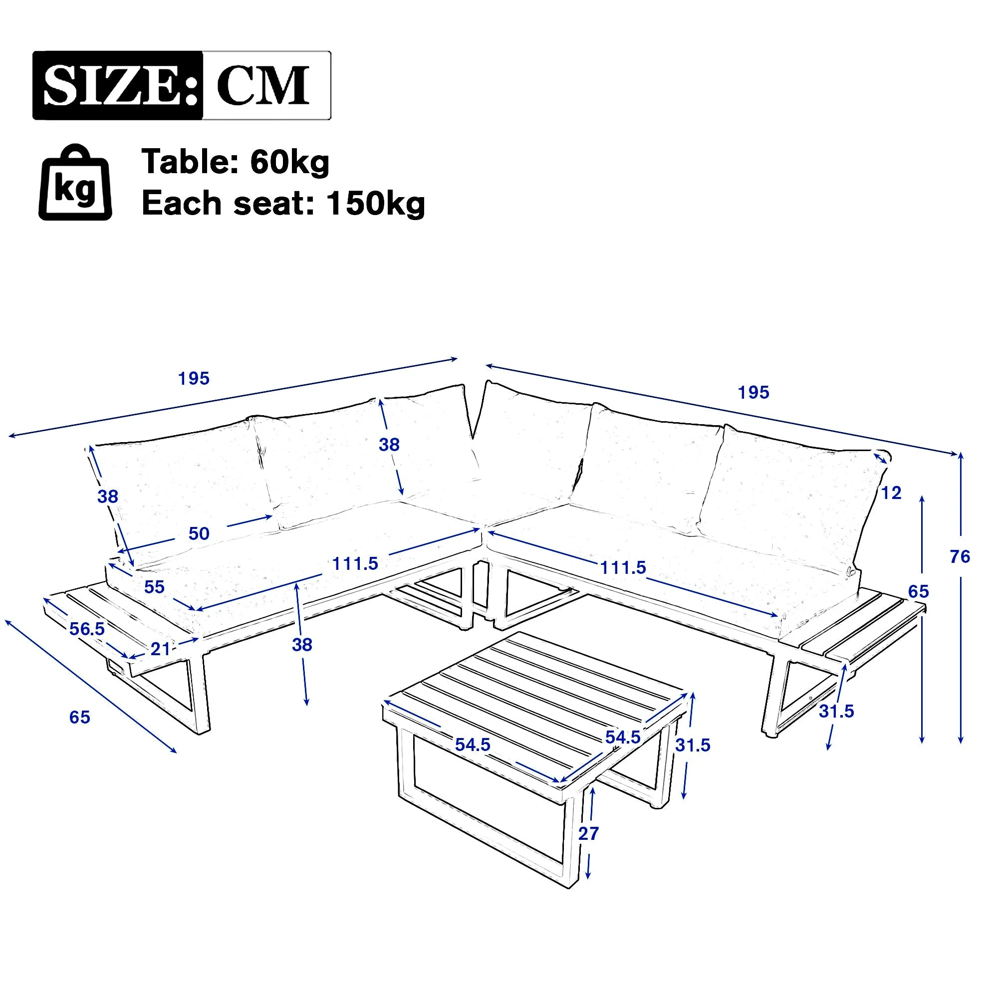 Garden Leisure Set Corner Adjustable Reclining with Coffee Table - Beige/Grey - Image 5