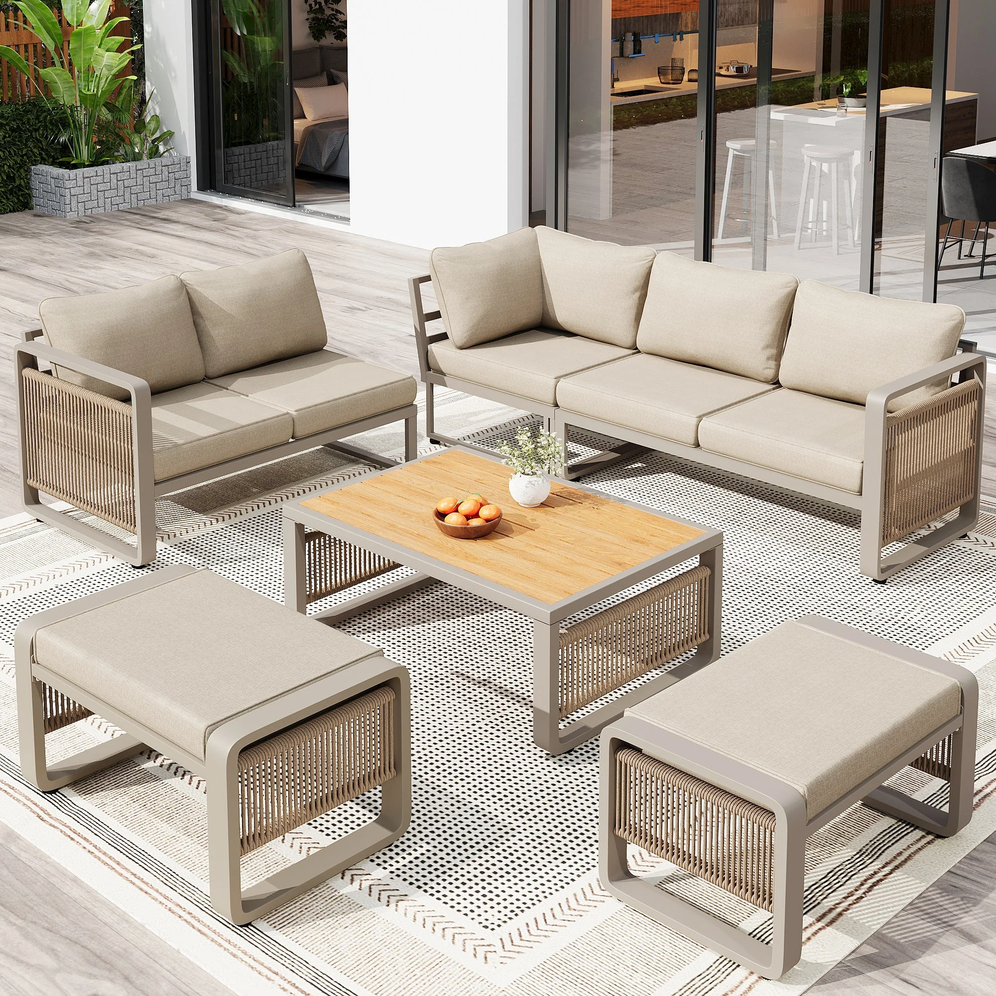 Garden Lounge Chair Set for 6-7 People, Weatherproof Corner Sofa and Lounger, Handwoven Rope and Iron, Beige - Image 3