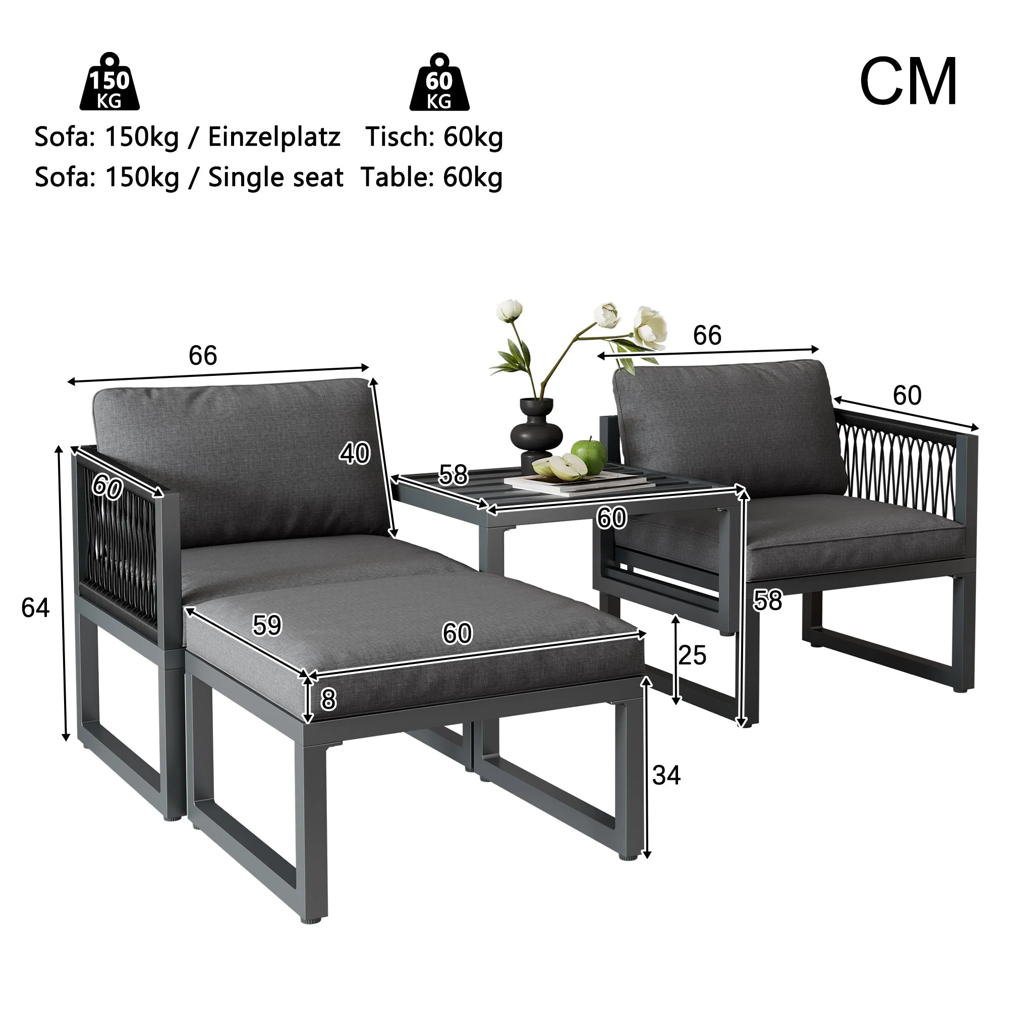Garden Lounge Set 2 Sofas 2 Footstools - Adjustable - Image 4