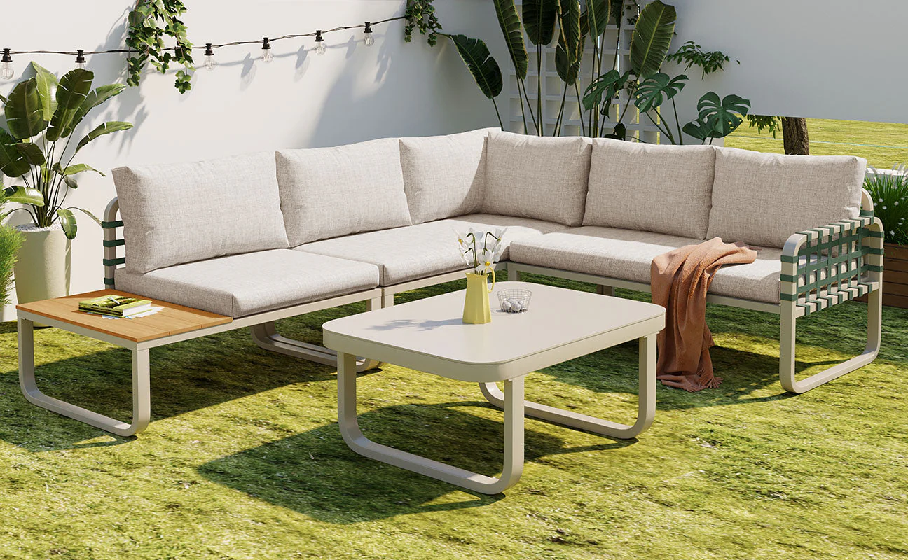 Garden Lounge Set 4-5 Seater Rattan Outdoor Sofa with Cushions - Apricot - Image 6