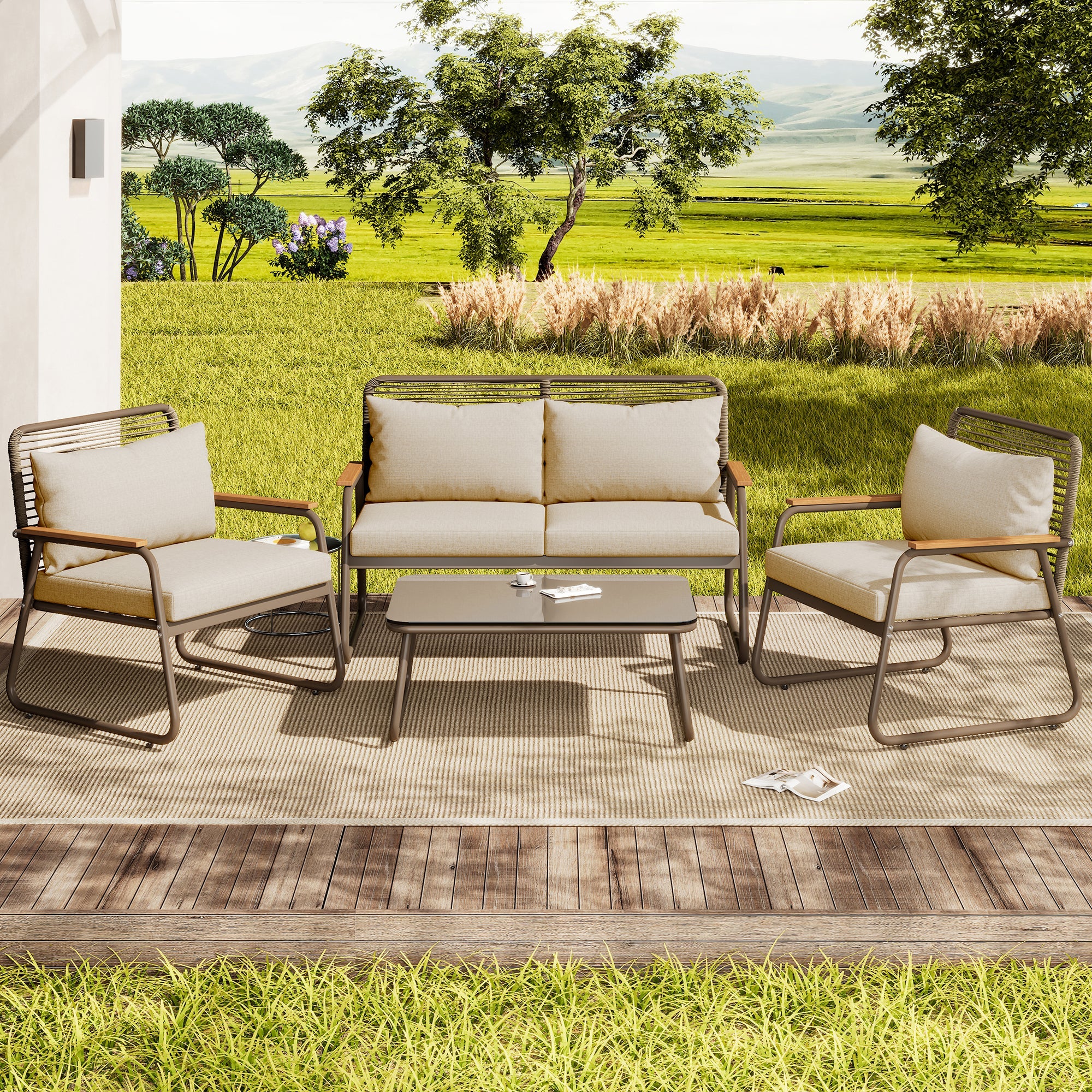 Garden Lounge Set 4 Person Sofa Table Adjustable Legs Tempered Glass - Beige - Image 2