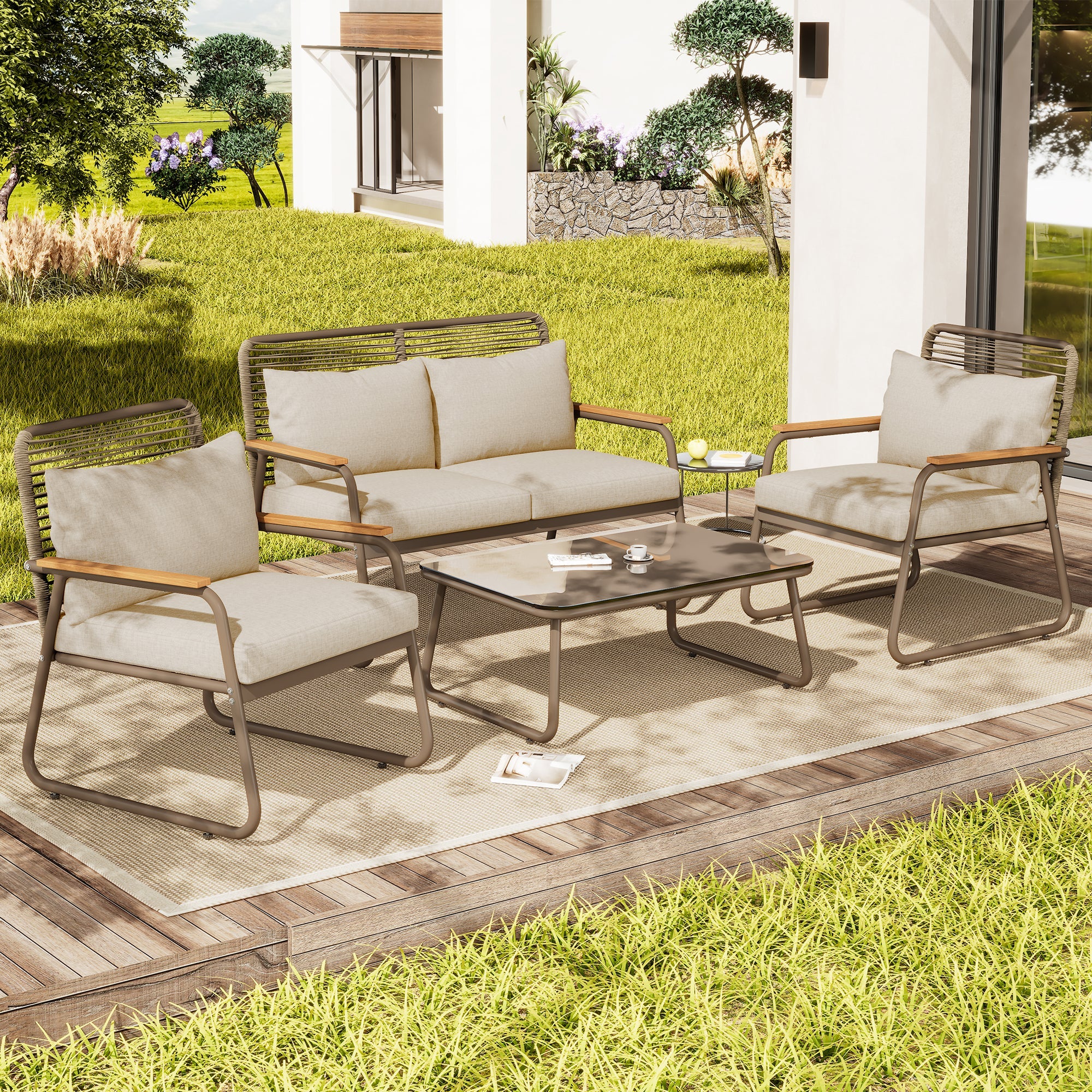 Garden Lounge Set 4 Person Sofa Table Adjustable Legs Tempered Glass - Beige - Image 3