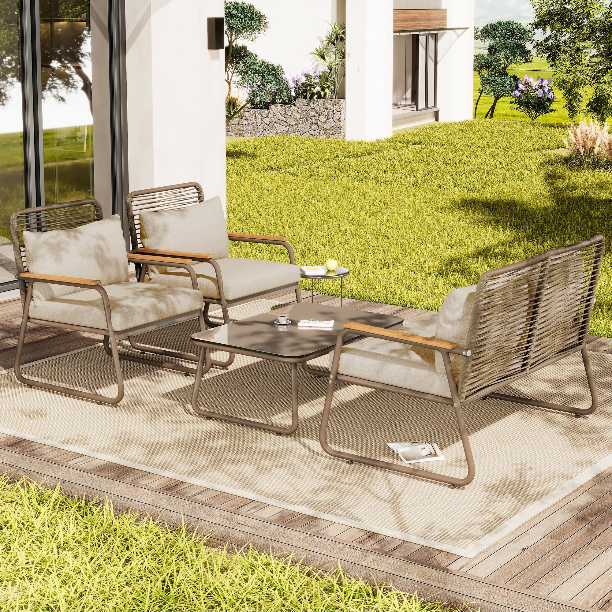 Garden Lounge Set 4 Person Sofa Table Adjustable Legs Tempered Glass - Beige - Image 4