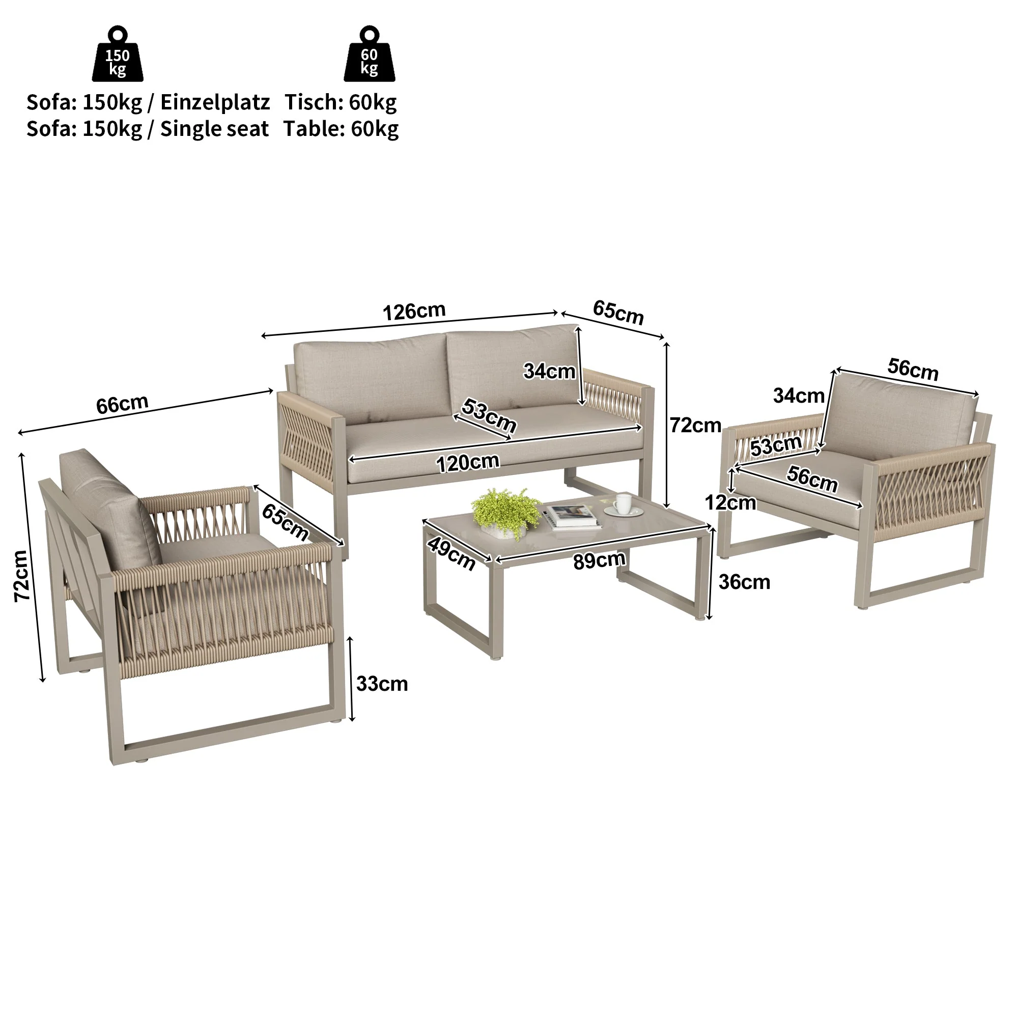 Garden Lounge Set 4-Piece Rope Furniture with Glass Top, Khaki Rope/Iron Frame - Image 10