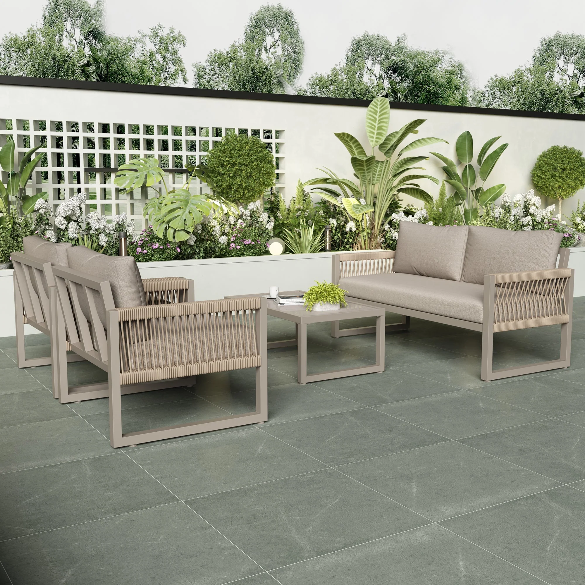 Garden Lounge Set 4-Piece Rope Furniture with Glass Top, Khaki Rope/Iron Frame - Image 5