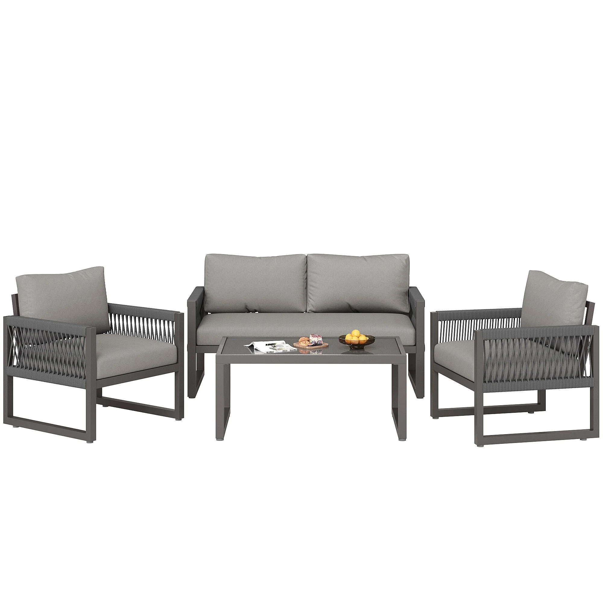 Garden Lounge Set 4-Piece Rope Glass Top - Grey - Image 8