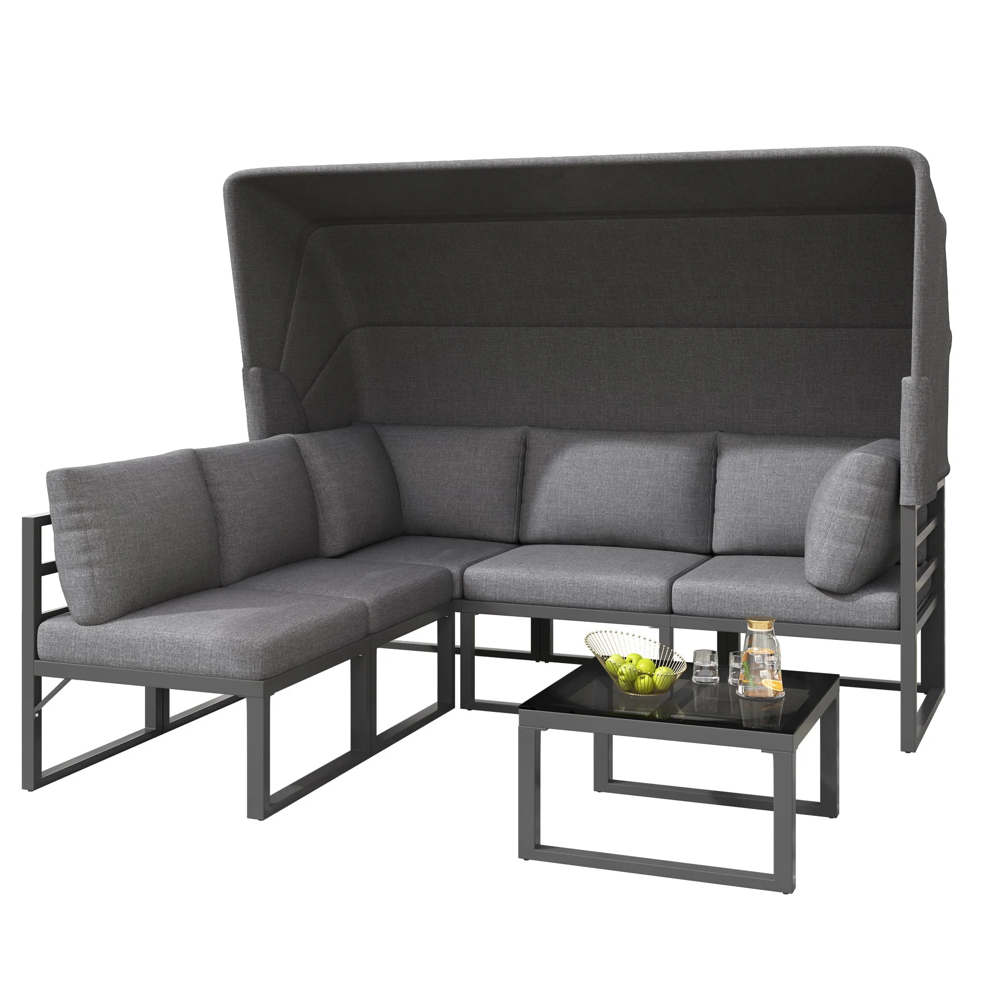 Garden Lounge Set 4-Piece with Awning Stool Table - Grey - Image 4