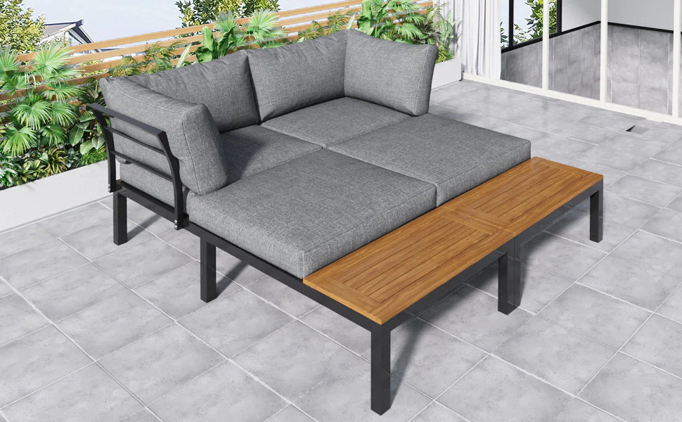 Garden Lounge Set 5-Piece Acacia Wood Table Fabric Backrest - Grey - Image 6