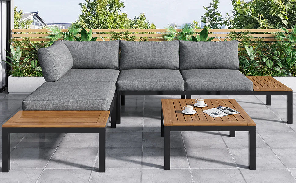 Garden Lounge Set 5-Piece Acacia Wood Table Fabric Backrest - Grey - Image 8