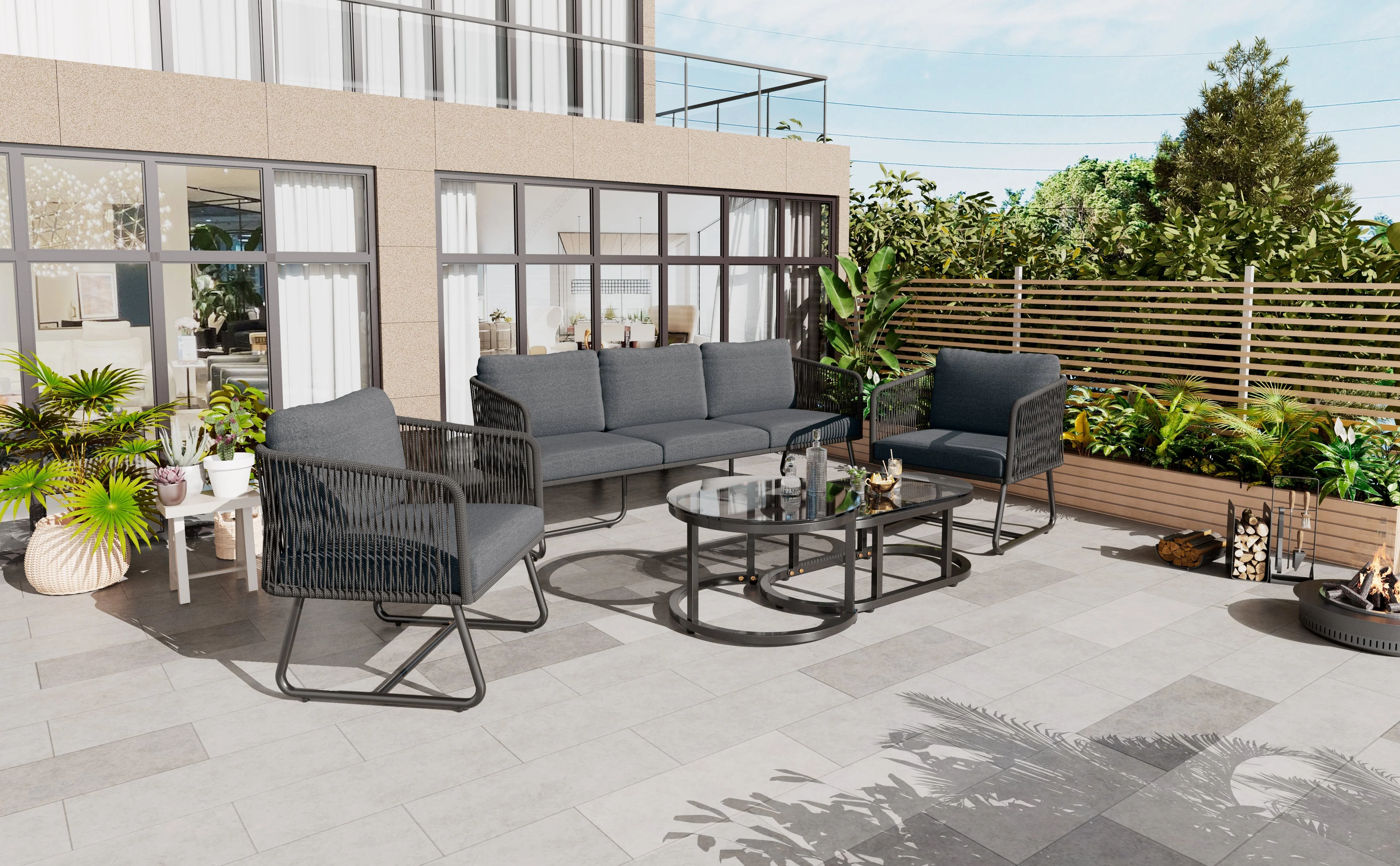 Garden Lounge Set 5-Piece Rope Furniture Glass Top Galvanized Frame, Grey Rope & Iron - Image 3