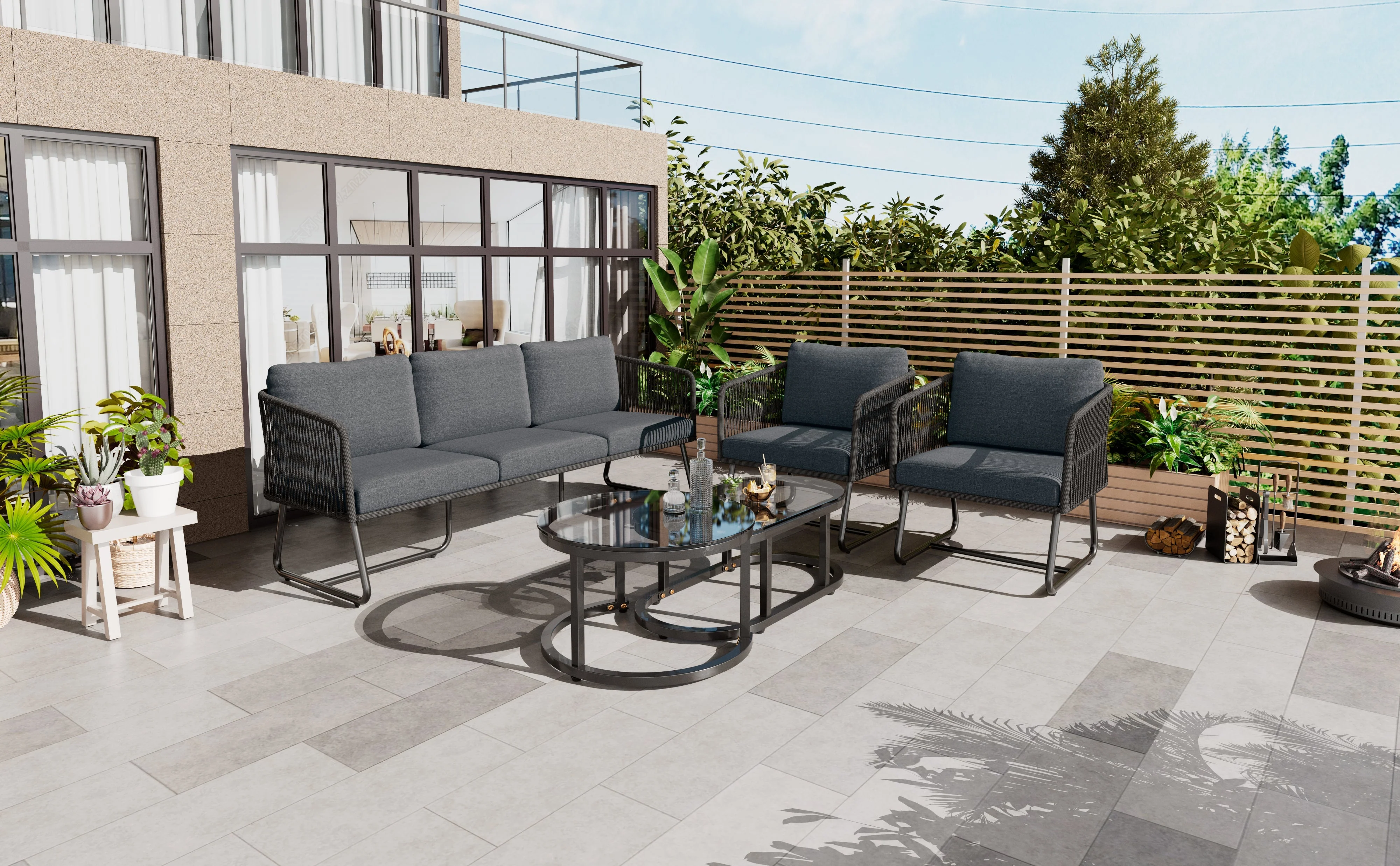 Garden Lounge Set 5-Piece Rope Furniture Glass Top Galvanized Frame, Grey Rope & Iron - Image 4