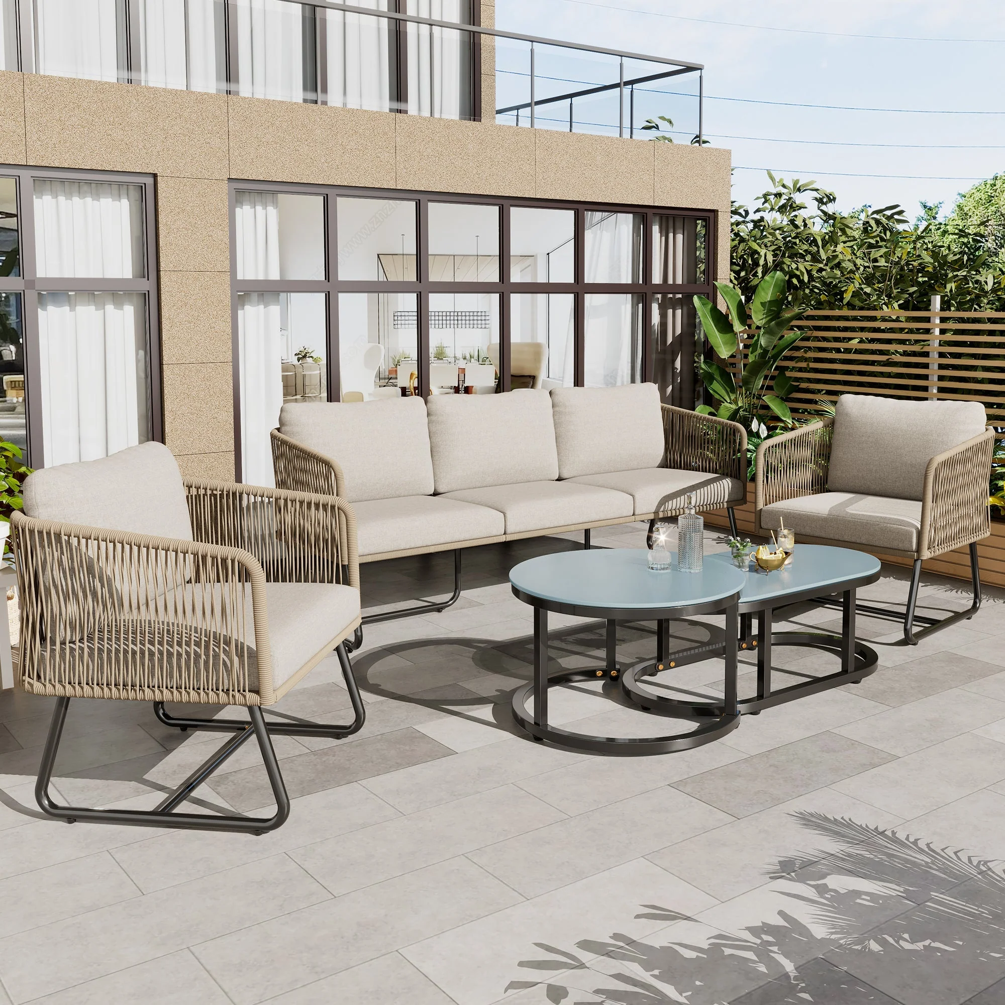 Garden Lounge Set 5-Piece Rope Galvanized Iron Frame Glass Tabletop - Beige
