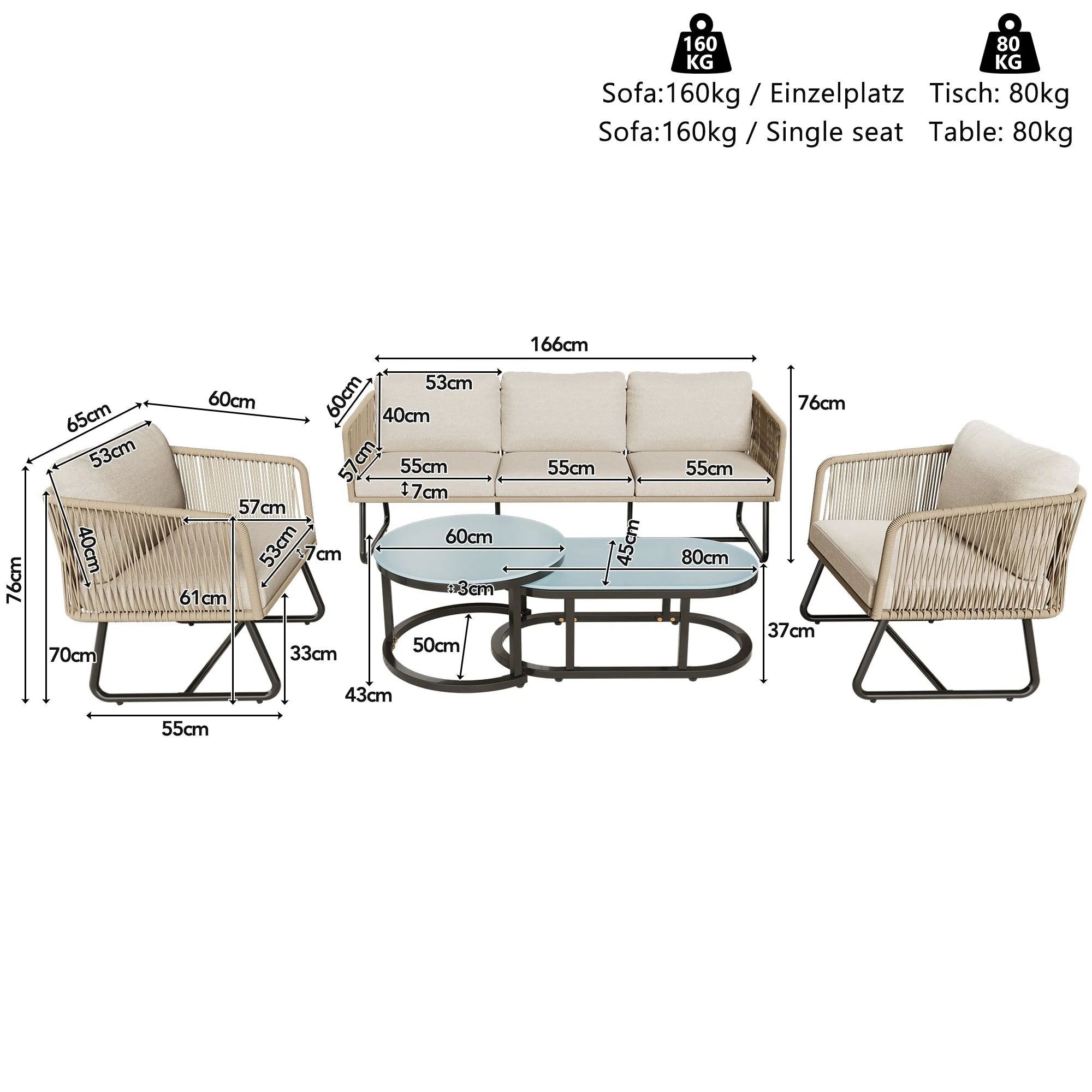 Garden Lounge Set 5-Piece Rope Galvanized Iron Frame Glass Tabletop - Beige - Image 5