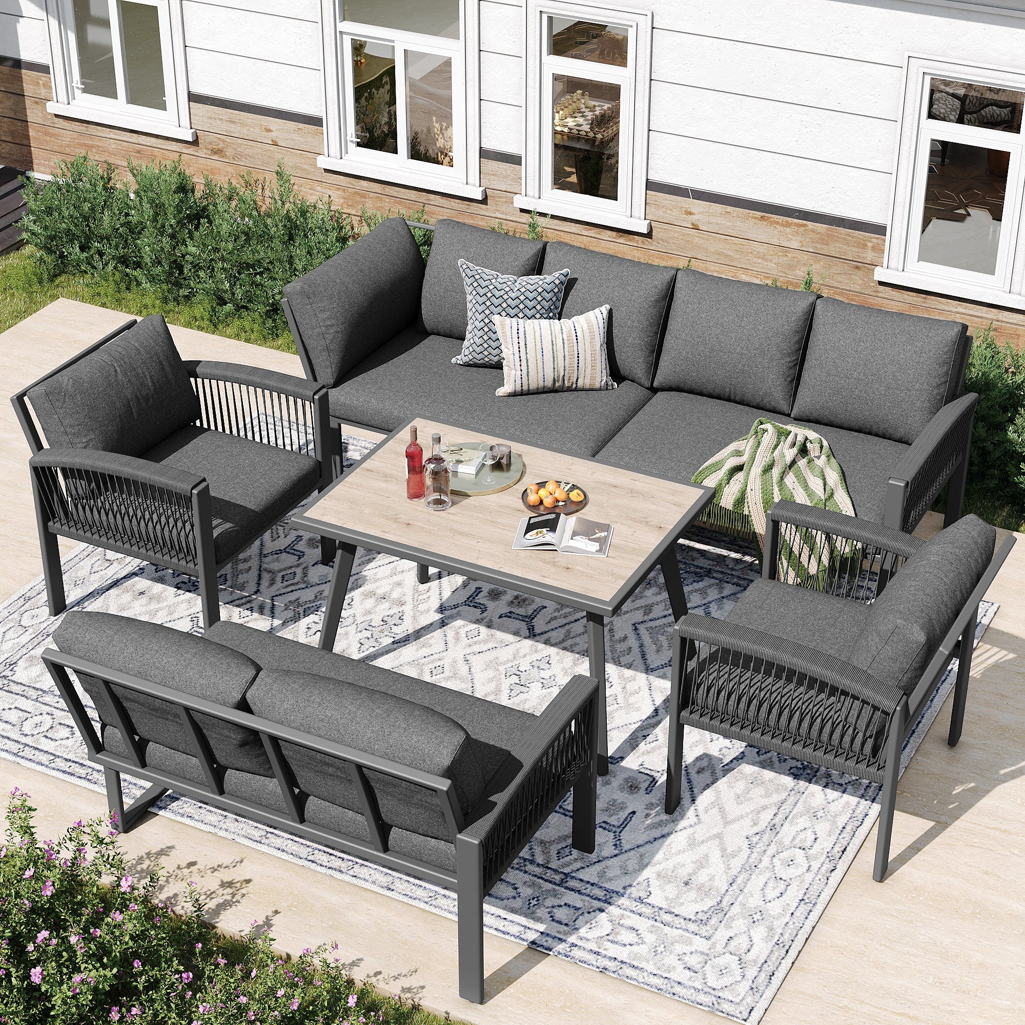 Garden Lounge Set 8-Person Rope Design Large Table Wood Grain - Grey - Image 3