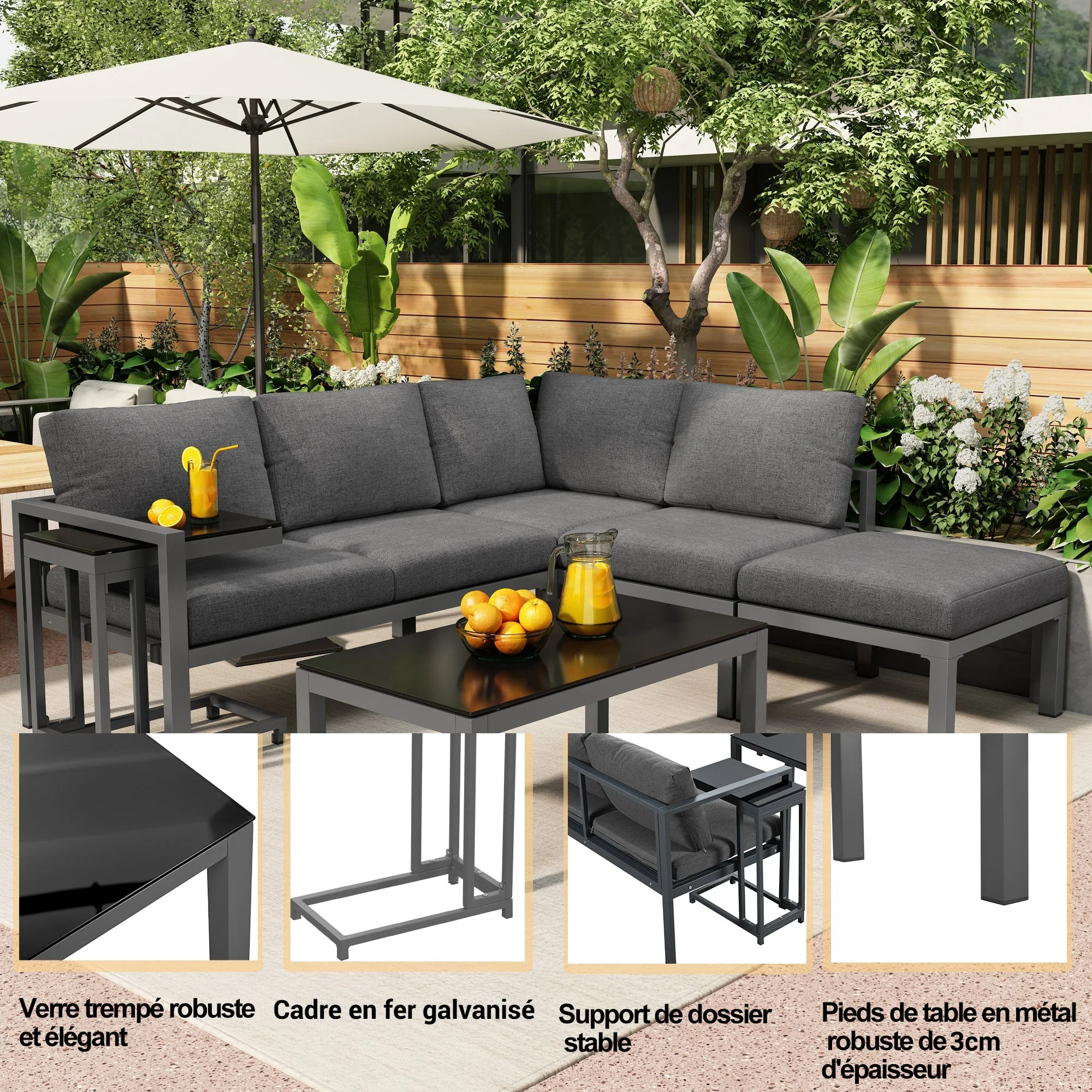 Garden Lounge Set Corner Chairs 4-5 Seater Side & Coffee Table 5-Piece - Grey - Image 6