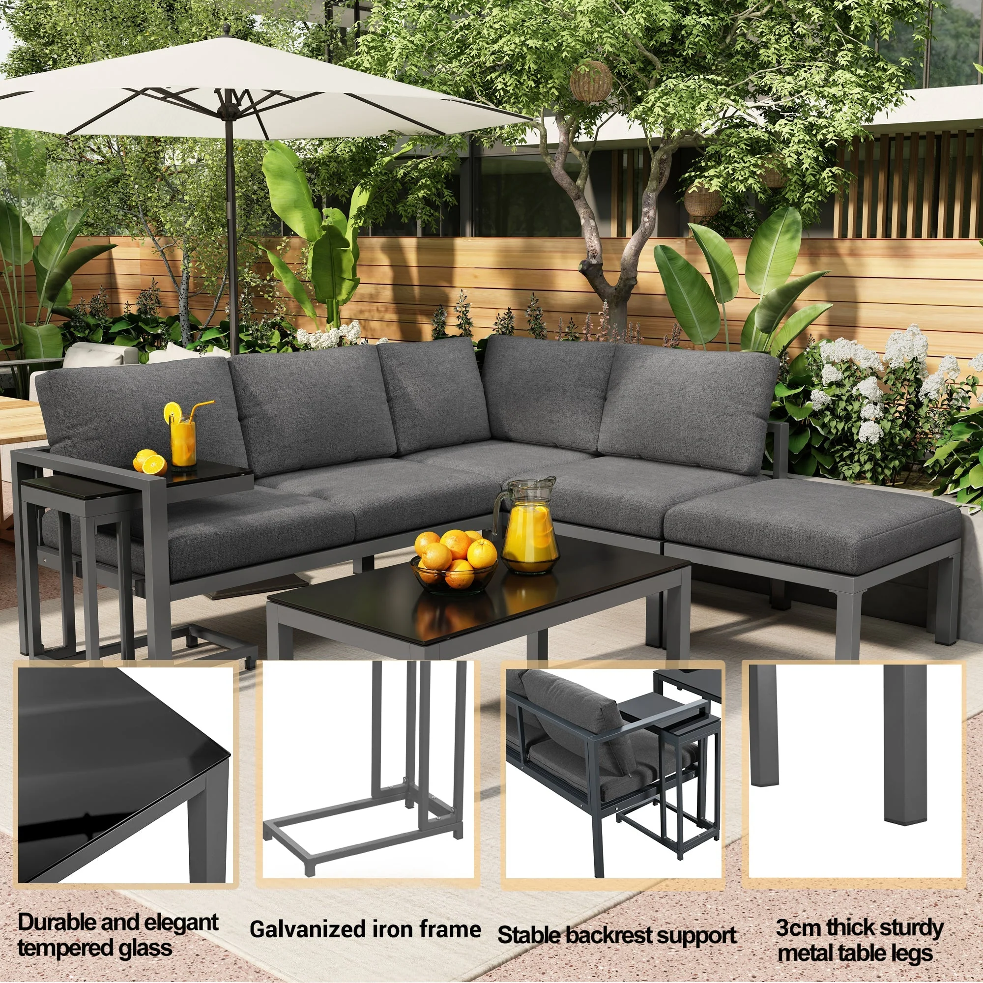 Garden Lounge Set Corner Chairs 4-5 Seater Side & Coffee Table 5-Piece - Grey - Image 8