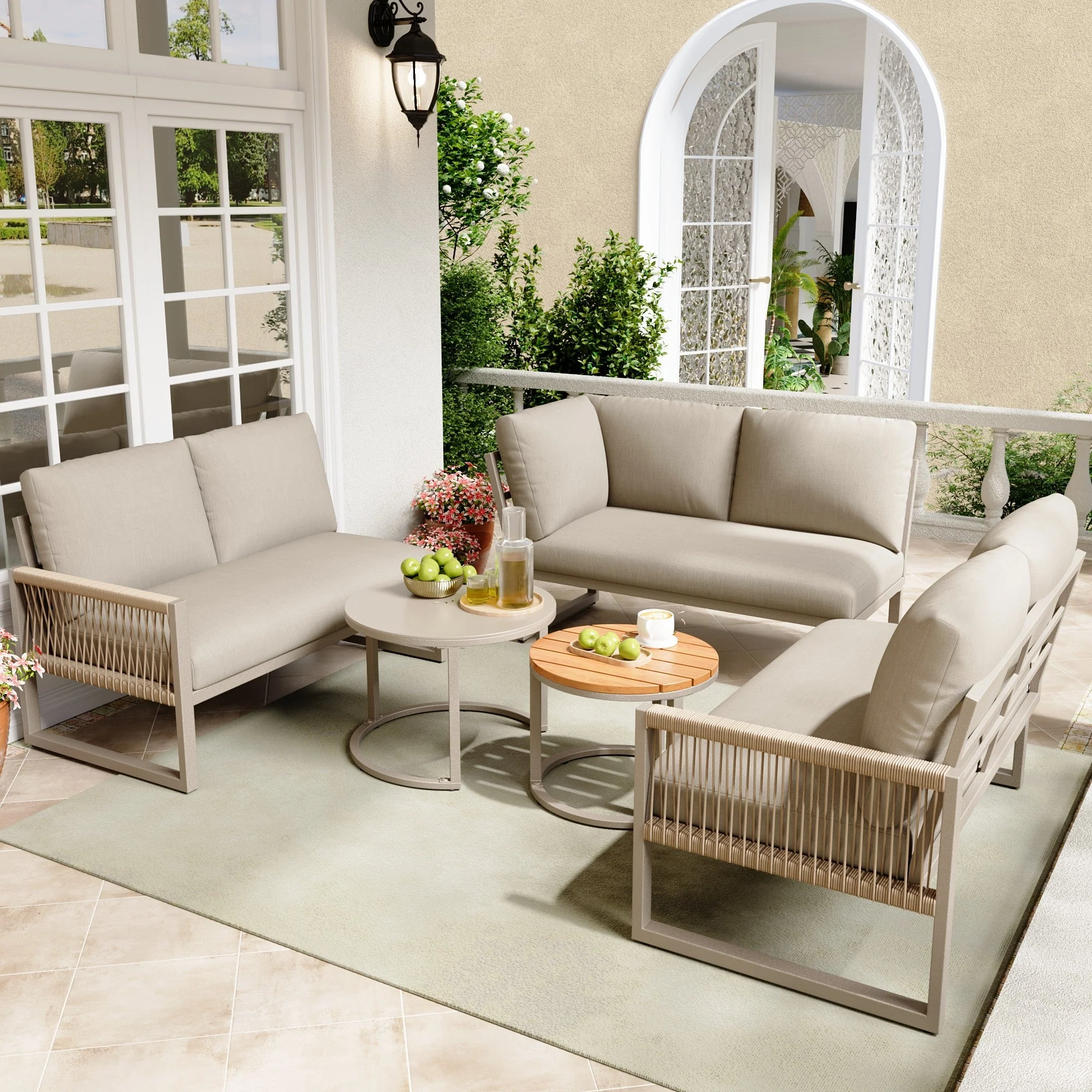 Garden Lounge Set Corner Sofa 6-7 Seater Galvanized Iron Frame - Beige - Image 2