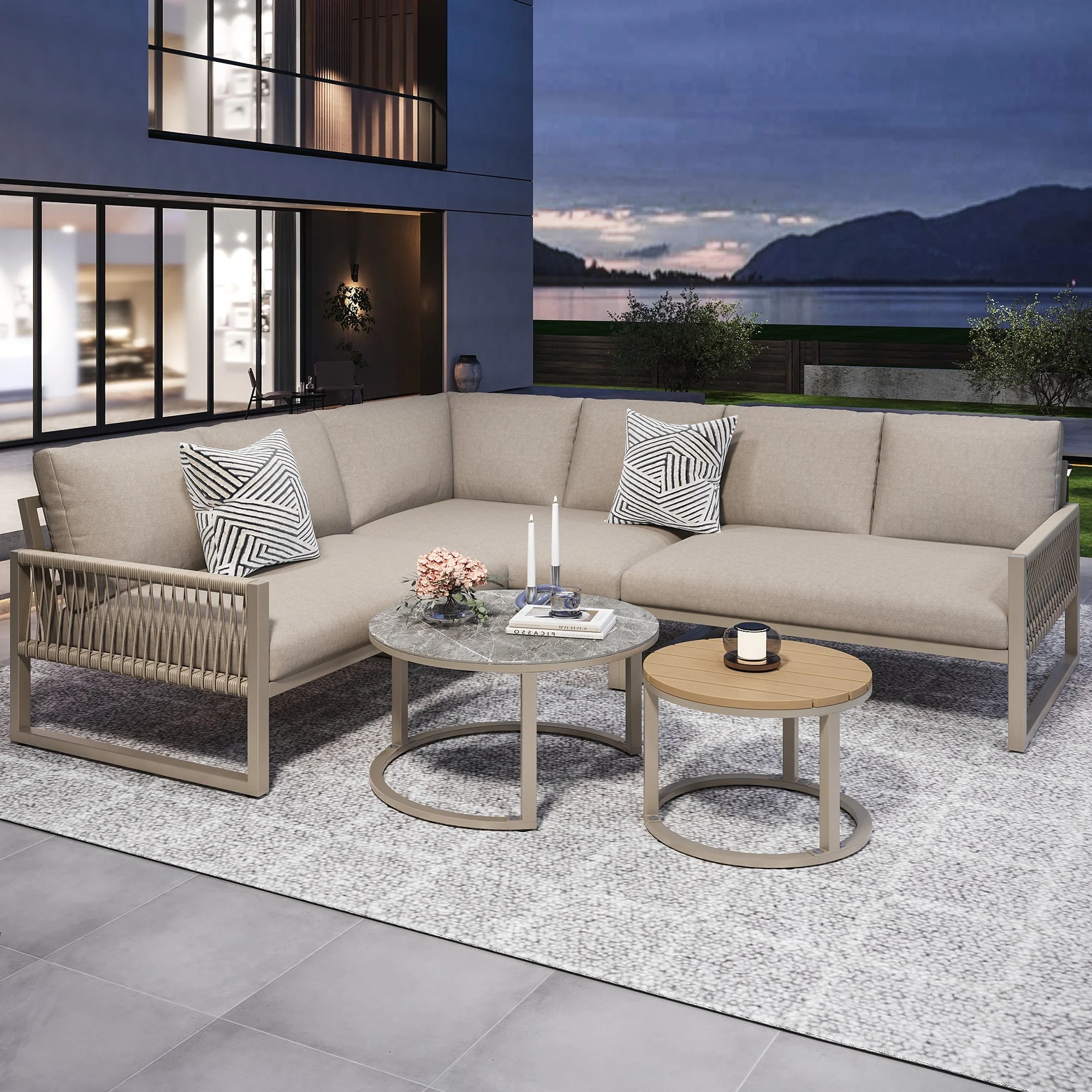 Garden Lounge Set Corner Sofa 6-7 Seater Galvanized Iron Frame - Beige - Image 3