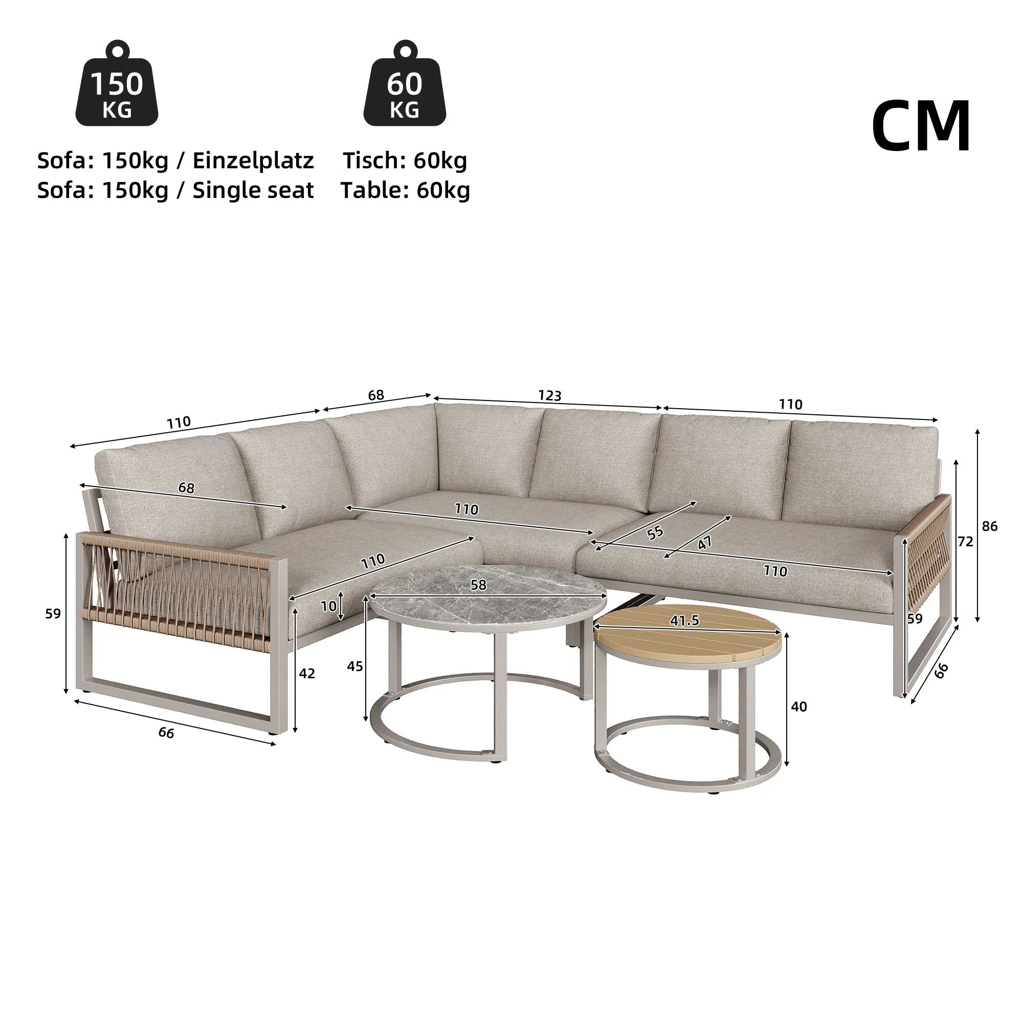 Garden Lounge Set Corner Sofa 6-7 Seater Galvanized Iron Frame - Beige - Image 4