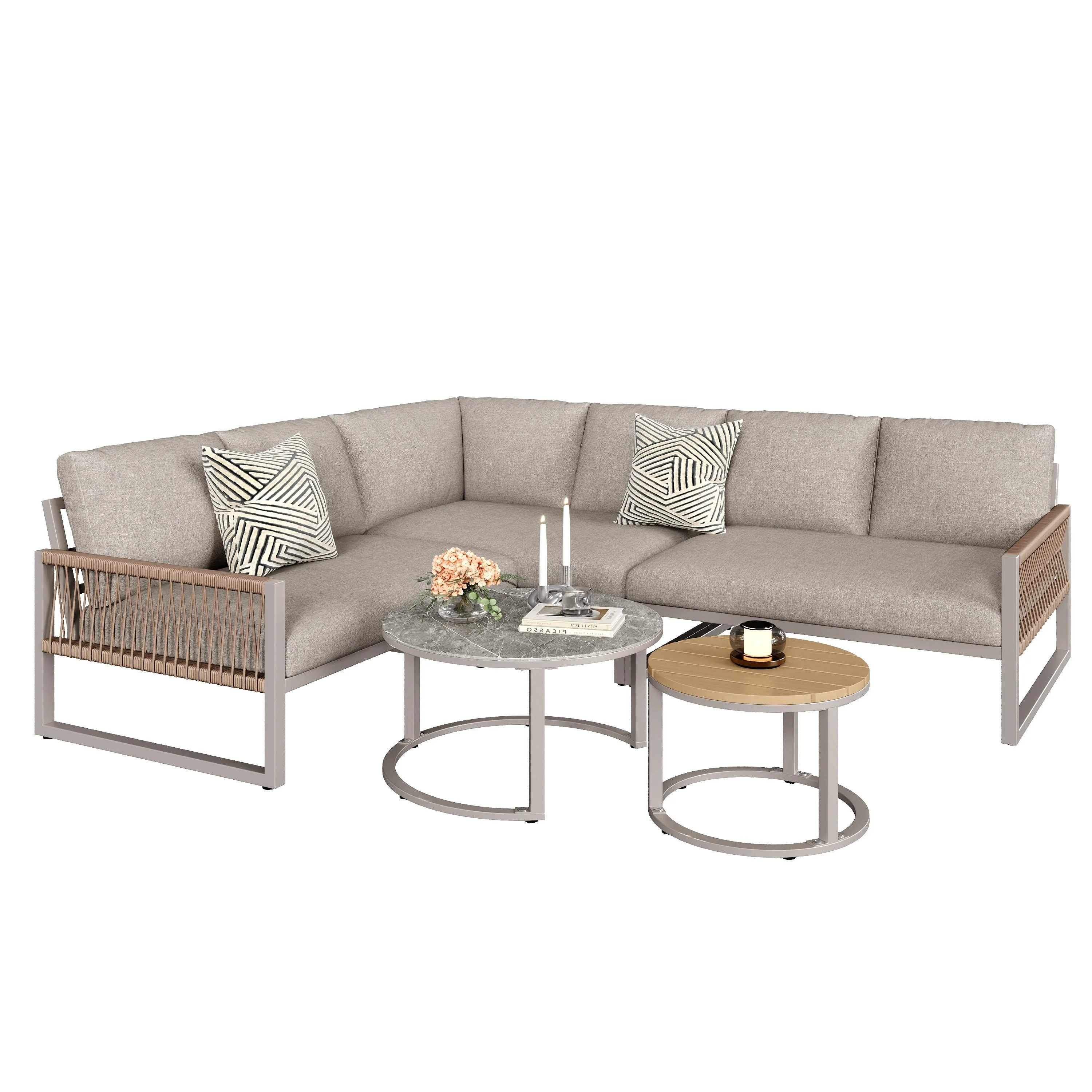 Garden Lounge Set Corner Sofa 6-7 Seater Galvanized Iron Frame - Beige - Image 9
