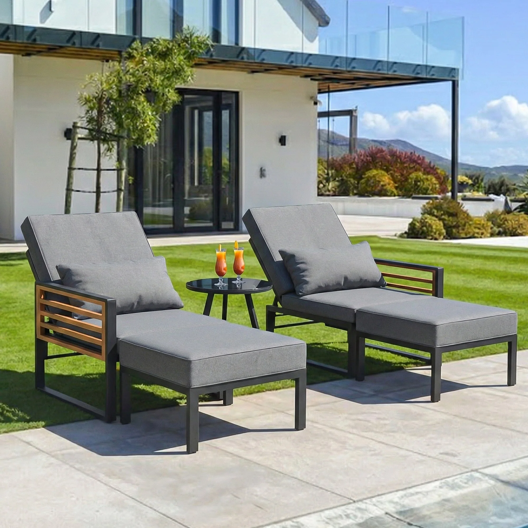 Garden Lounge Set for 2-4 People, Adjustable Outdoor Daybed and Sofa with Cushions, Grey Wood Look - Image 6