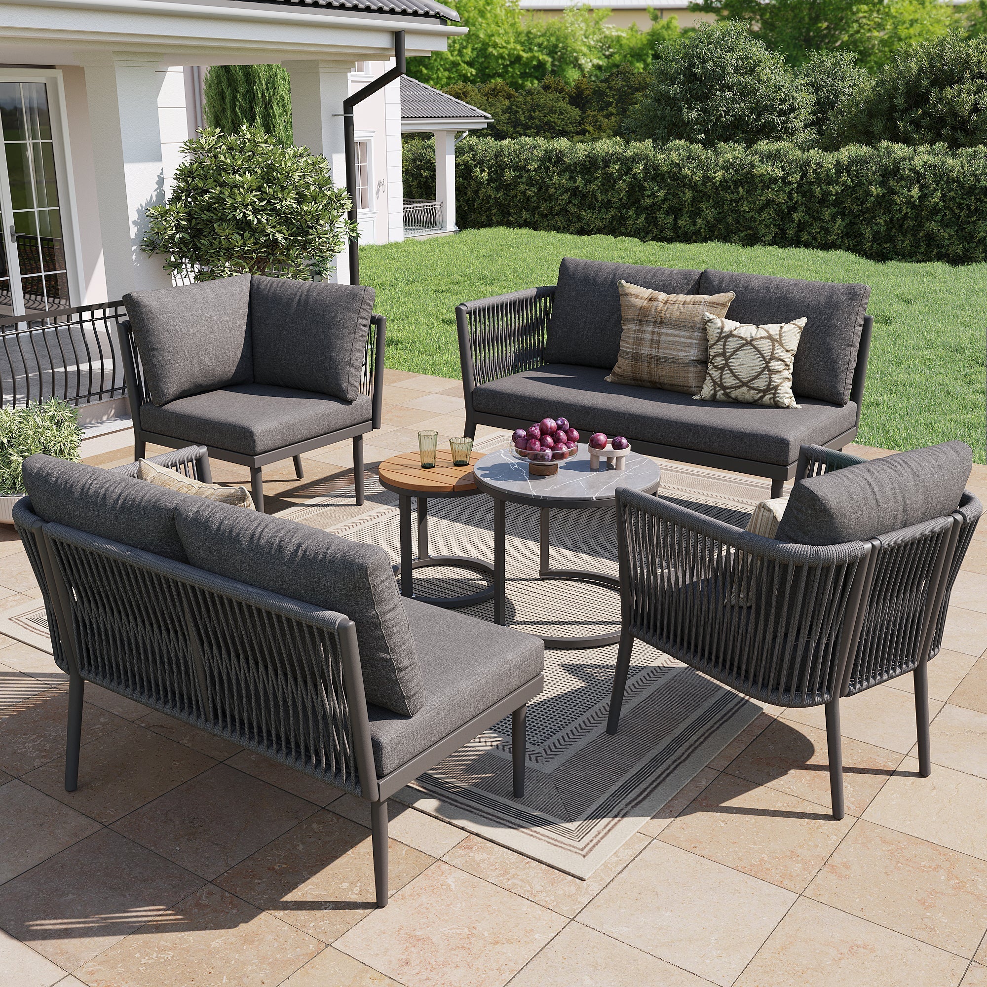 Garden Lounge Set for 5-6 People, 6-Piece Modular Corner Outdoor Sofa with Cushions, PE Rattan Grey - Image 3