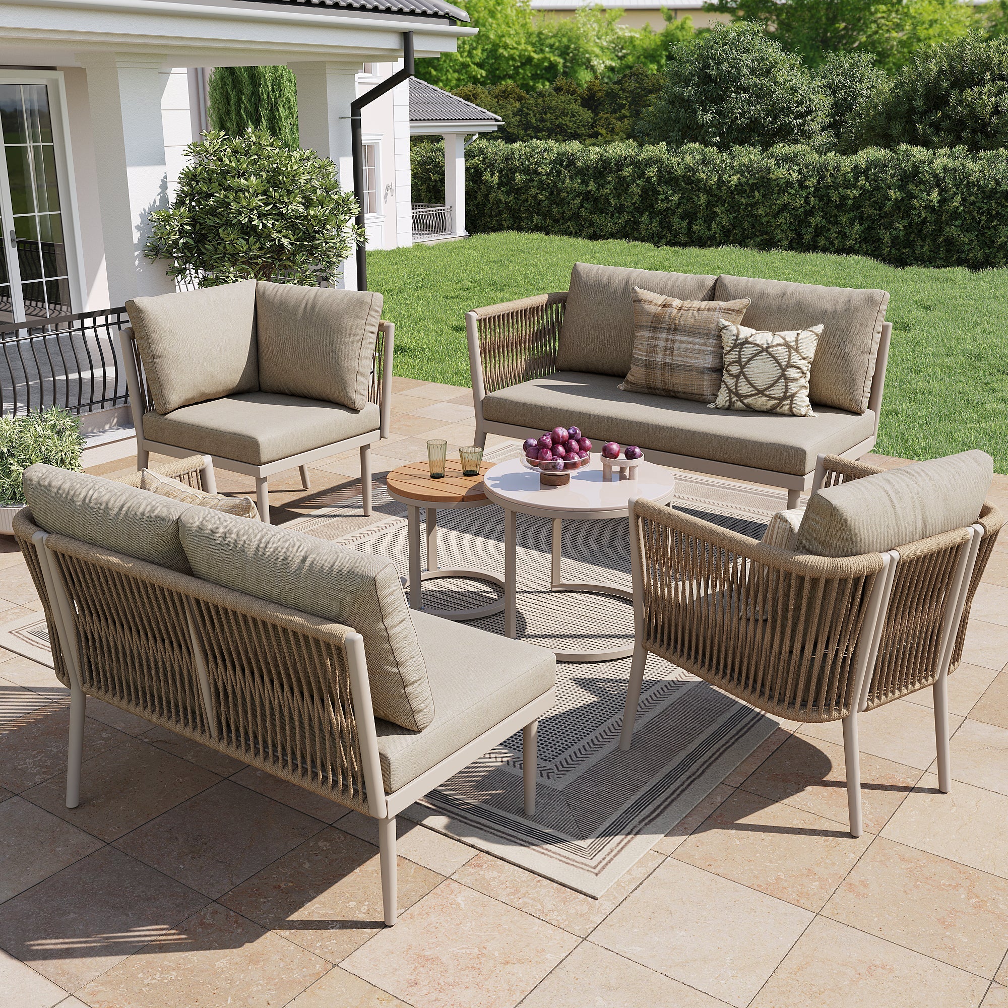 Garden Lounge Set for 5-6 People, 6-Piece Modular Corner Outdoor Sofa with Waterproof Cushions, PE Rattan Beige - Image 3