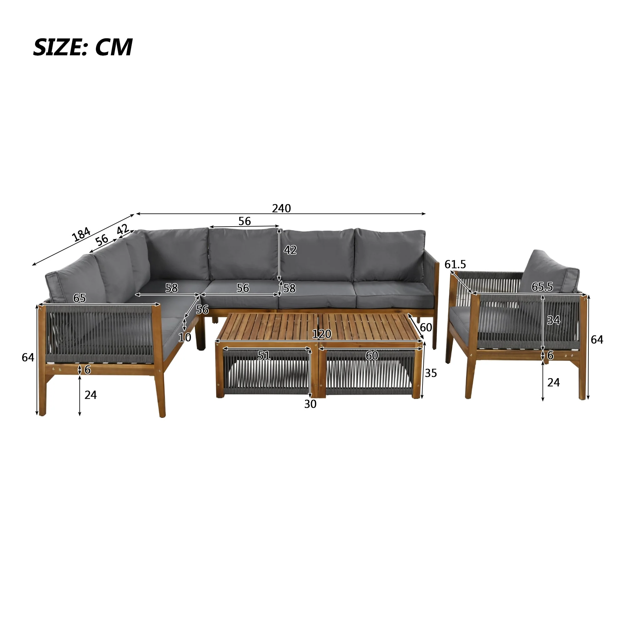 Garden Lounge Set for 7-8 People with Sofa, Table and Washable Cushions, Natural and Grey - Image 10