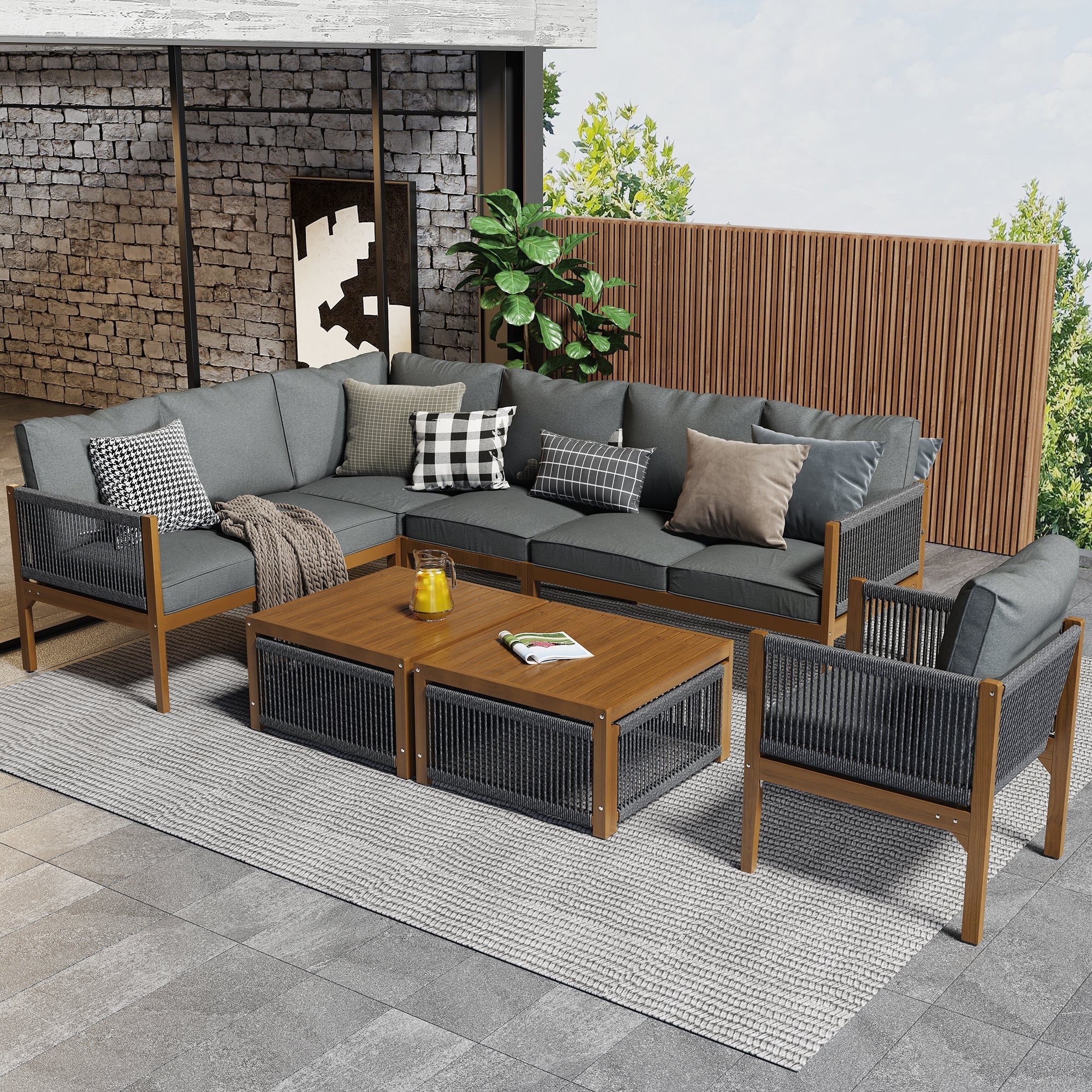 Garden Lounge Set for 7-8 People with Sofa, Table and Washable Cushions, Natural and Grey - Image 4