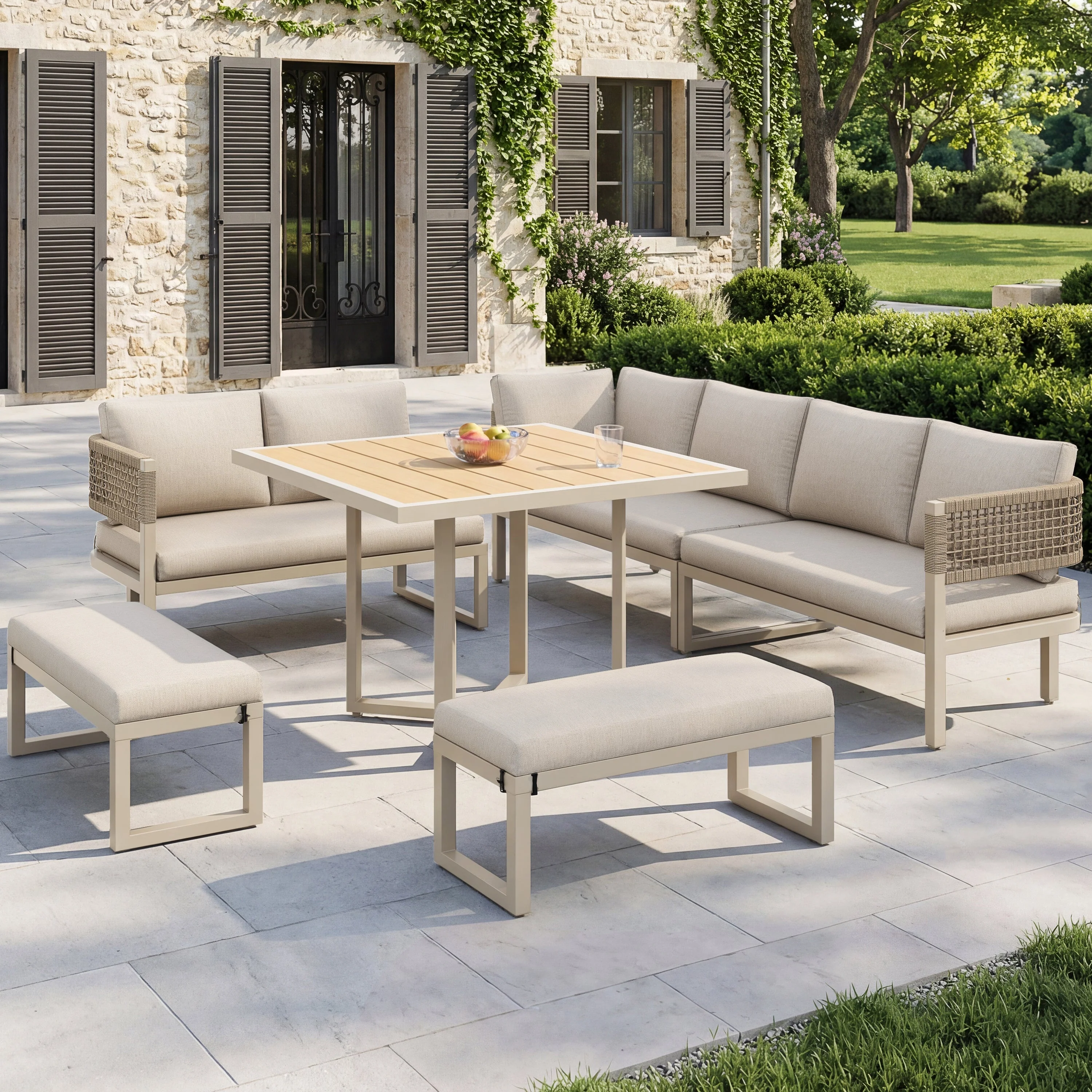 Garden Lounge Set for 8-10 People with Large Dining Table and Cushions, Plastic Wood and Ropework - Image 4