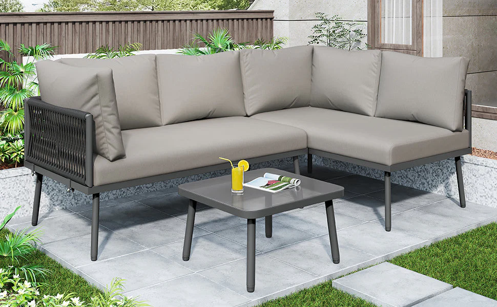 Garden Lounge Set L-Shaped 2 Sofas 1 Table Adjustable Feet Grey Rope/Iron - Image 9
