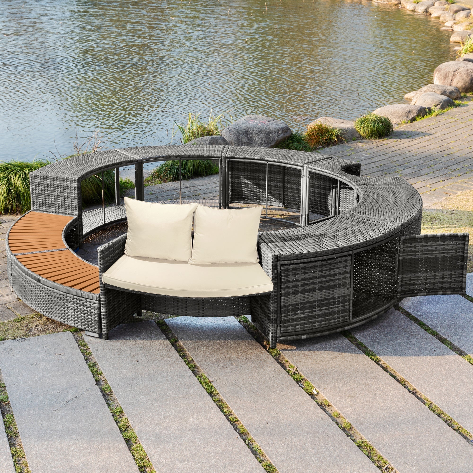 Garden Lounge Set Round Sofa Adjustable Feet Cushions - Image 5