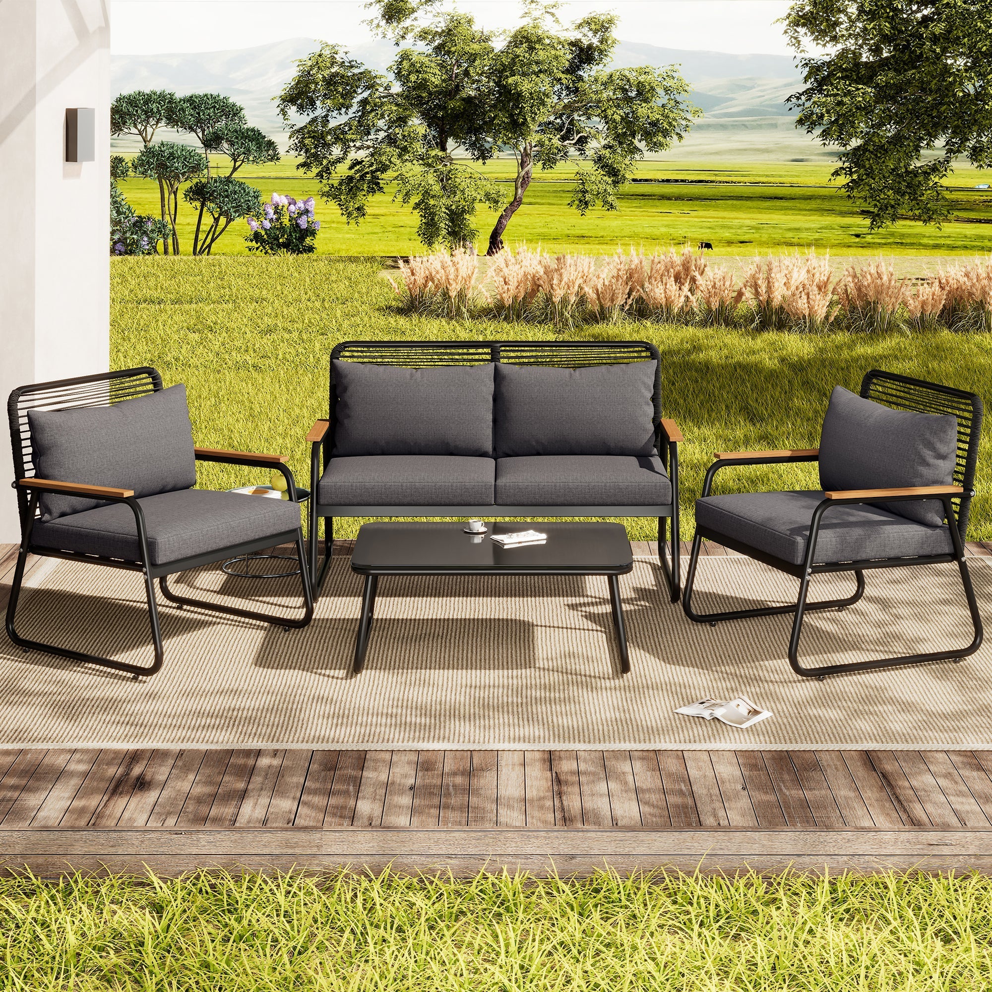 Garden Lounge Set Sofa & Table for 4 Galvanized Iron Tempered Glass - Black - Image 2