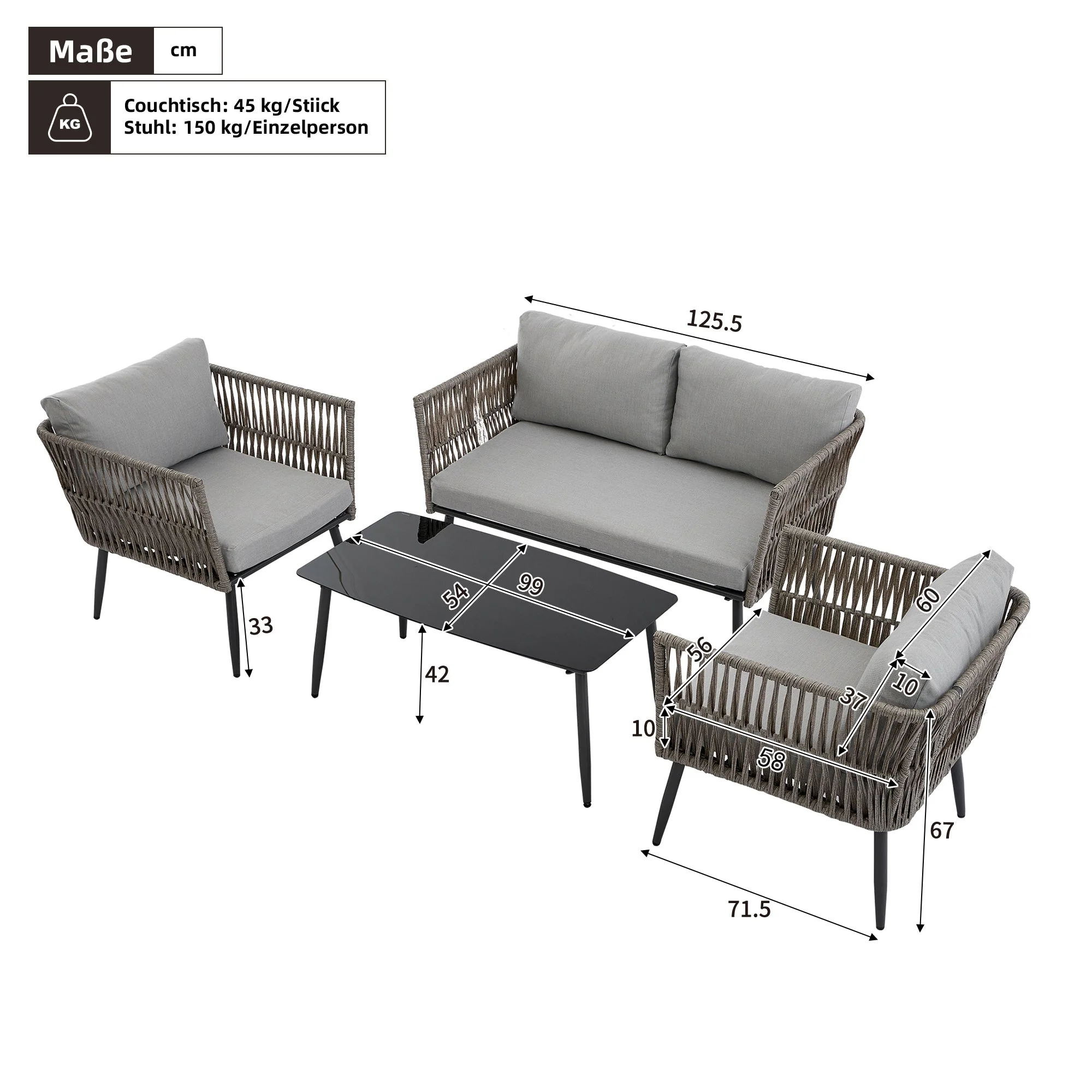 Garden Lounge Set with 2-Seater Sofa, 2 Armchairs and Coffee Table, Grey PE Rope and Steel - Image 3